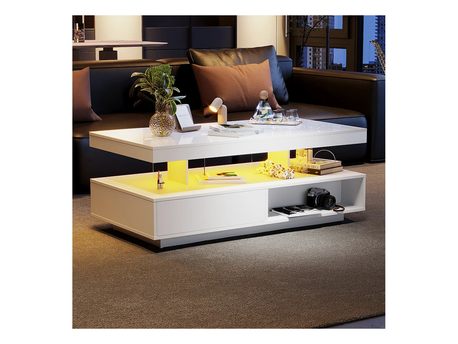 Table basse blanche brillante 95x50x42,5 cm - avec 4 plateaux en verre, 2 tiroirs et 2 compartiments ouverts, meuble bas dans le séjour, table basse