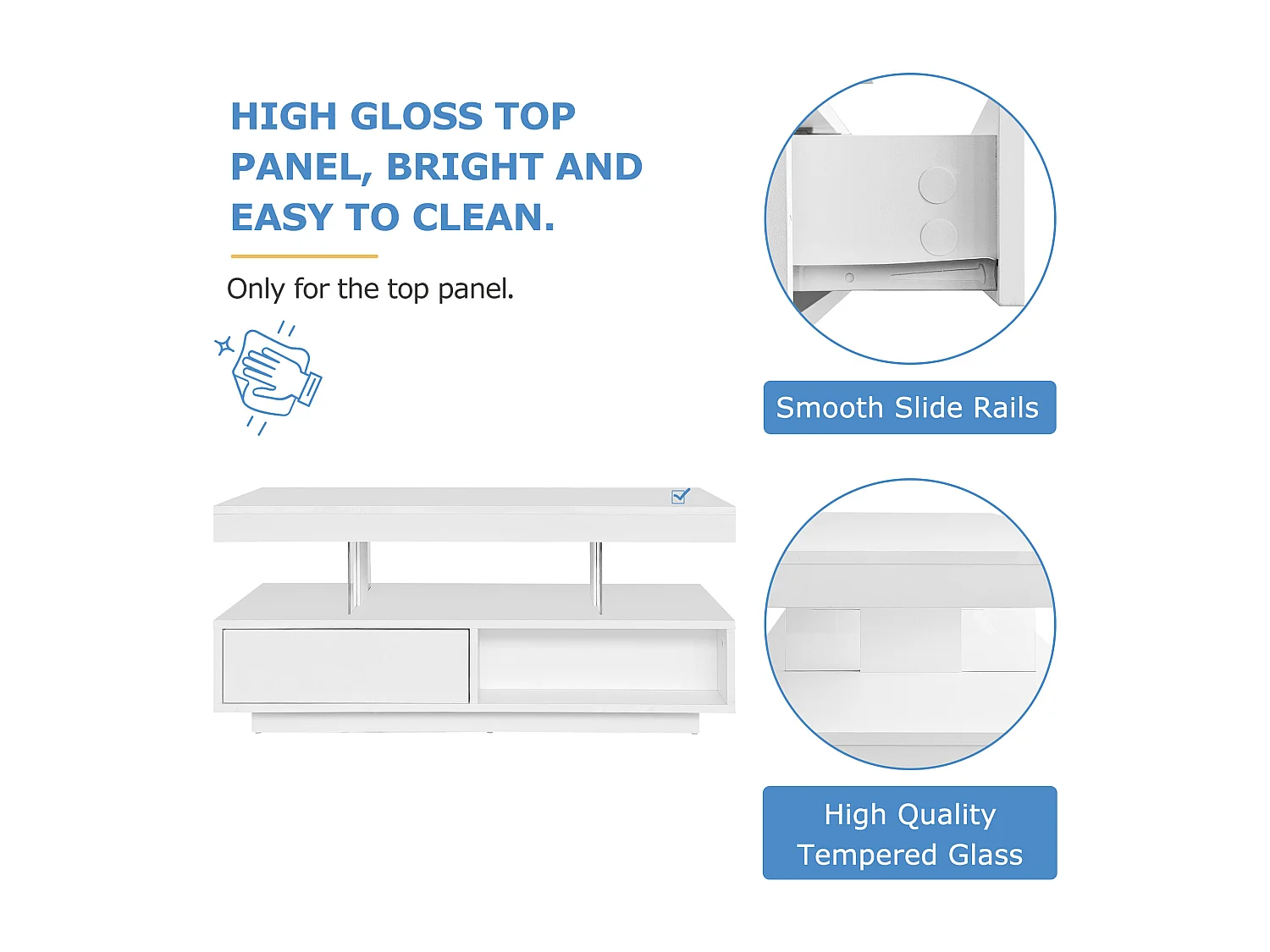 Table basse blanche brillante 95x50x42,5 cm - avec 4 plateaux en verre, 2 tiroirs et 2 compartiments ouverts, meuble bas dans le séjour, table basse