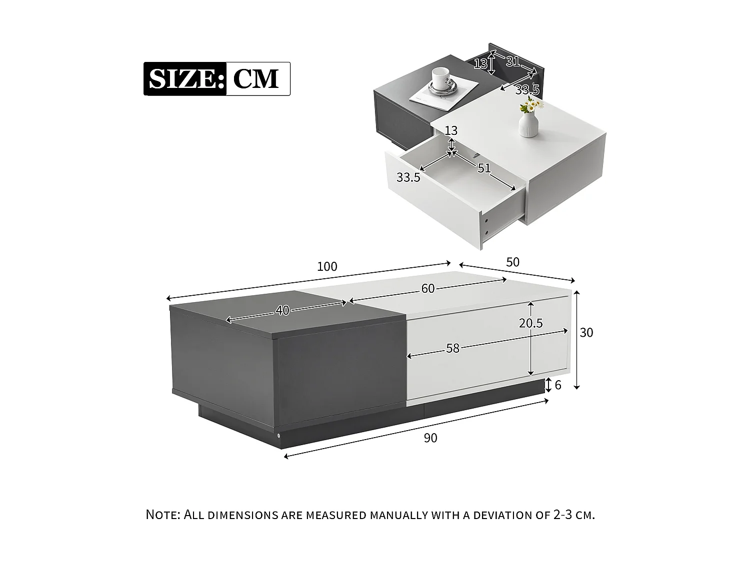 Moderne salontafel met 2 lades - 100x50x30 cm - Spaanplaat - Grijs en wit