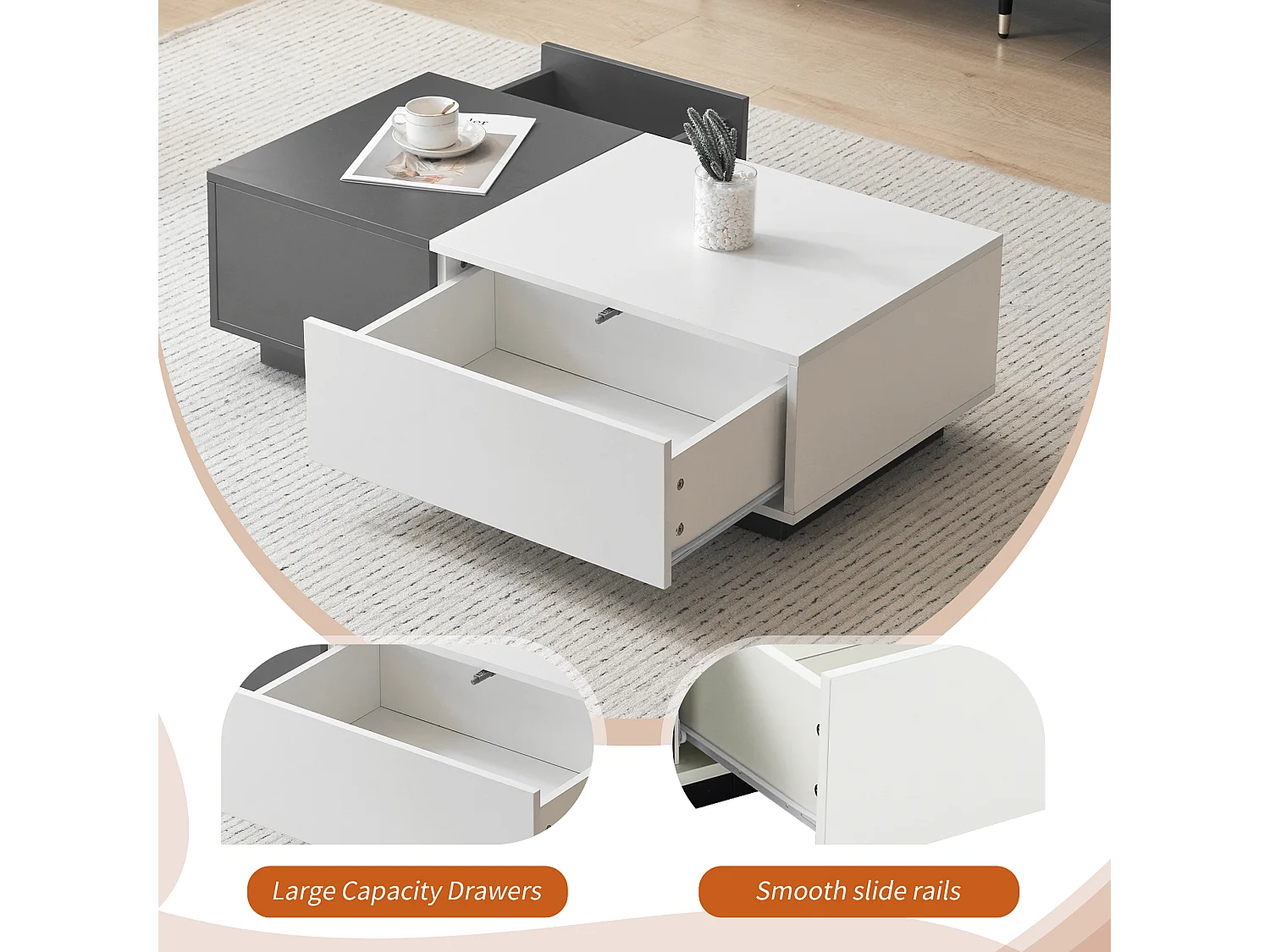 Moderne salontafel met 2 lades - 100x50x30 cm - Spaanplaat - Grijs en wit