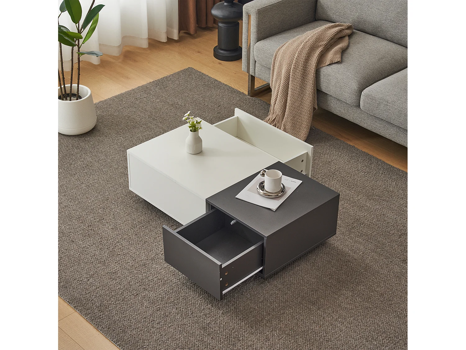 Moderne salontafel met 2 lades - 100x50x30 cm - Spaanplaat - Grijs en wit