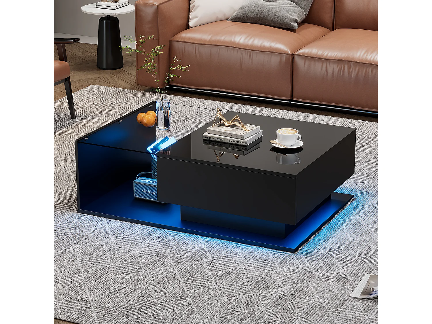 Tavolino con cassetto grande - 100x50x32 cm - LED - piano in vetro - Truciolare - Nero lucido