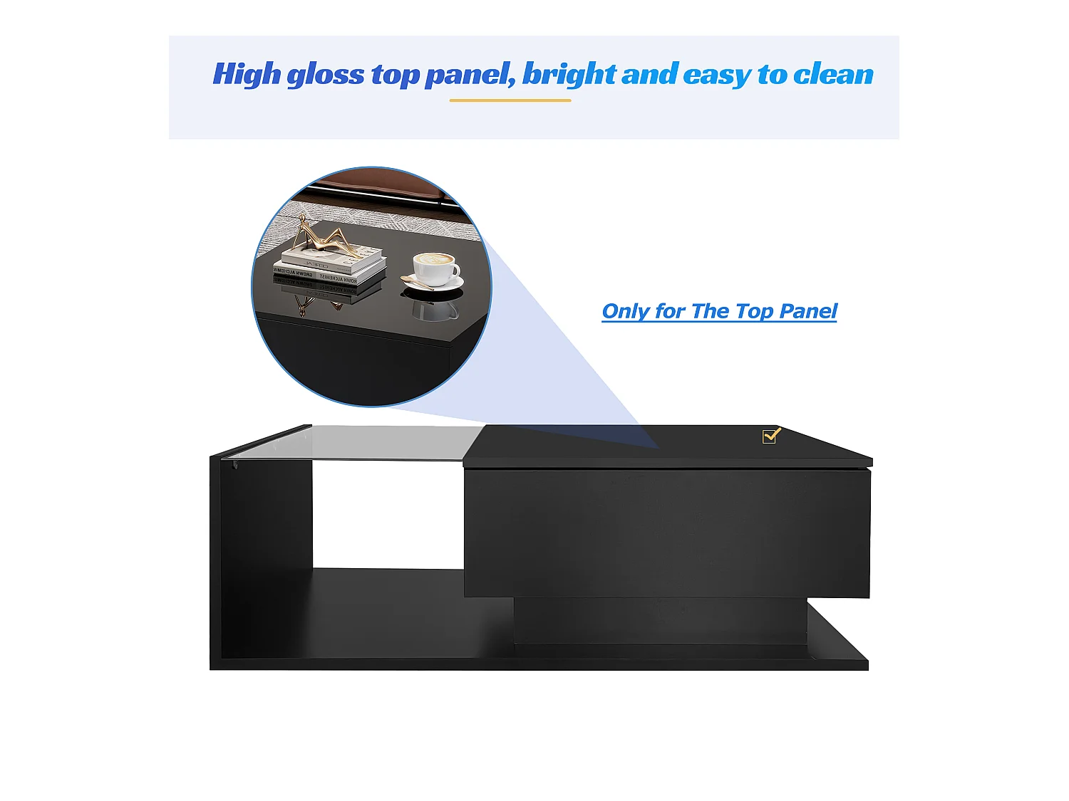 Tavolino con cassetto grande - 100x50x32 cm - LED - piano in vetro - Truciolare - Nero lucido