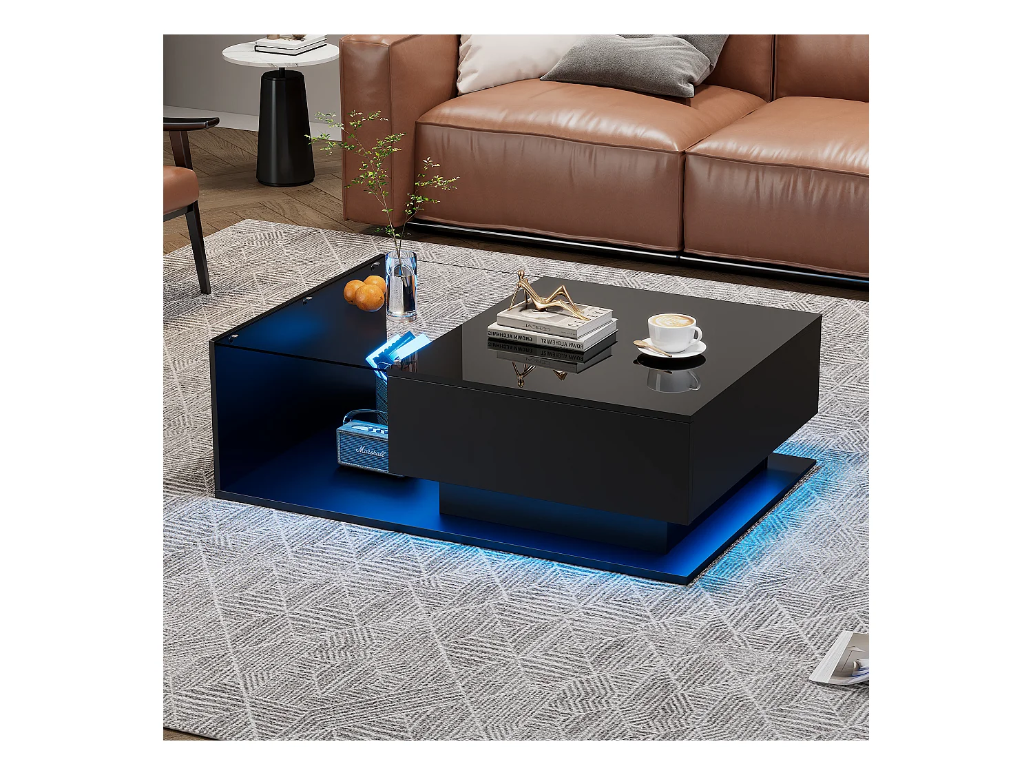 Salontafel met grote lade - 100x50x32 cm - LED's - glazen blad - spaanplaat - Glanzend zwart