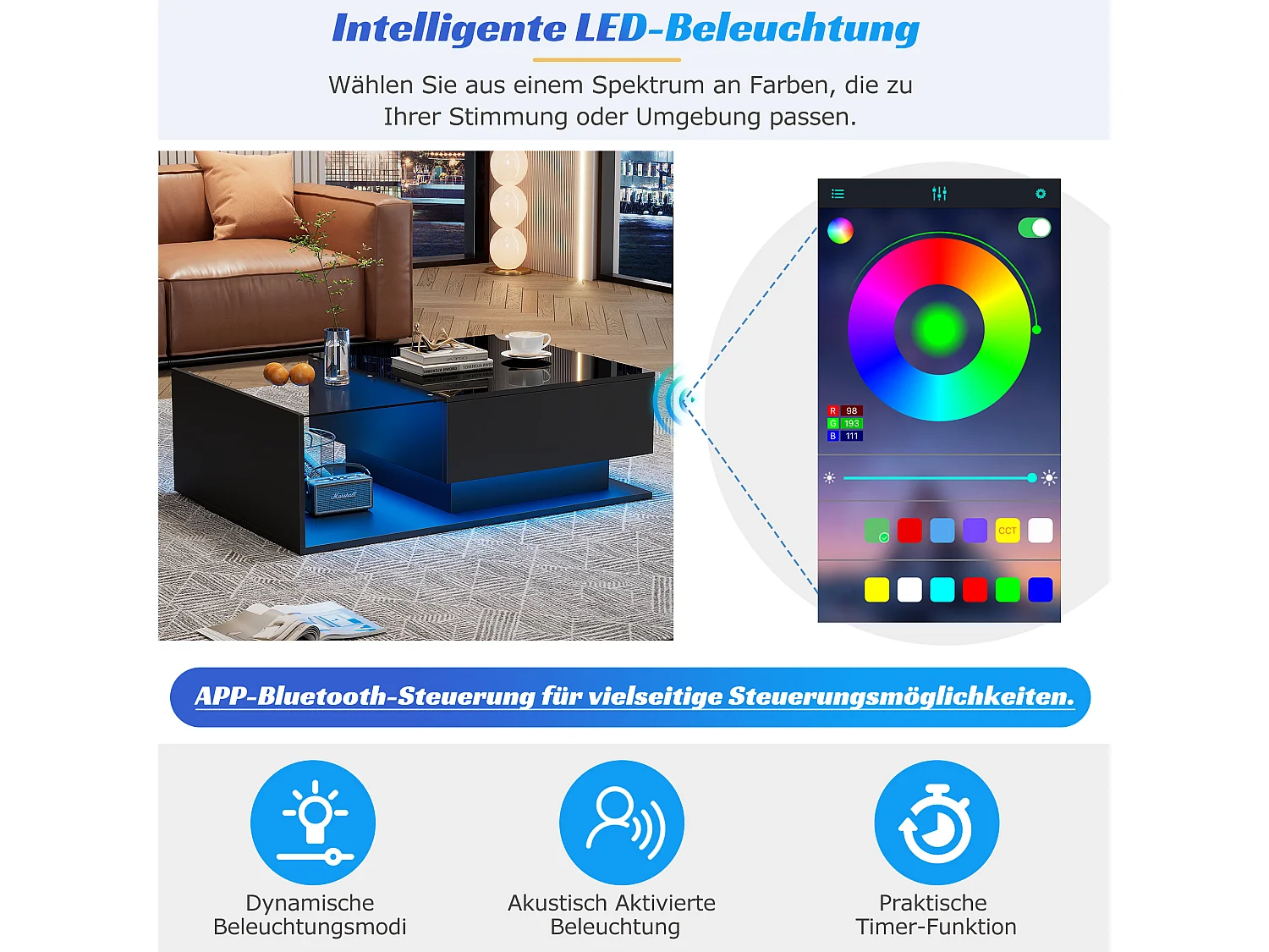 Salontafel met grote lade - 100x50x32 cm - LED's - glazen blad - spaanplaat - Glanzend zwart