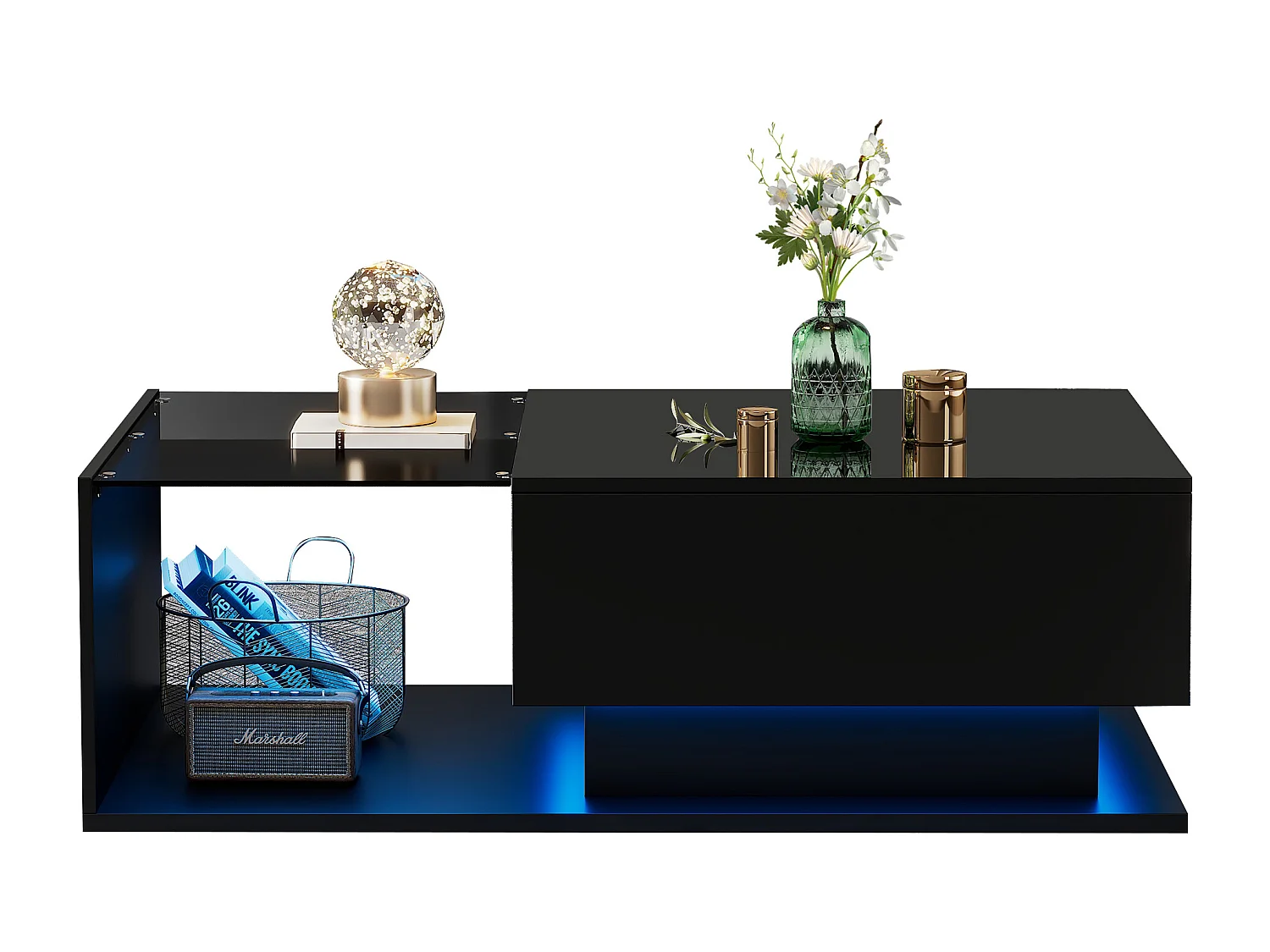 Couchtisch mit großer Schublade – 100 x 50 x 32 cm – LEDs – Glasplatte – Spanplatte – glänzend schwarz