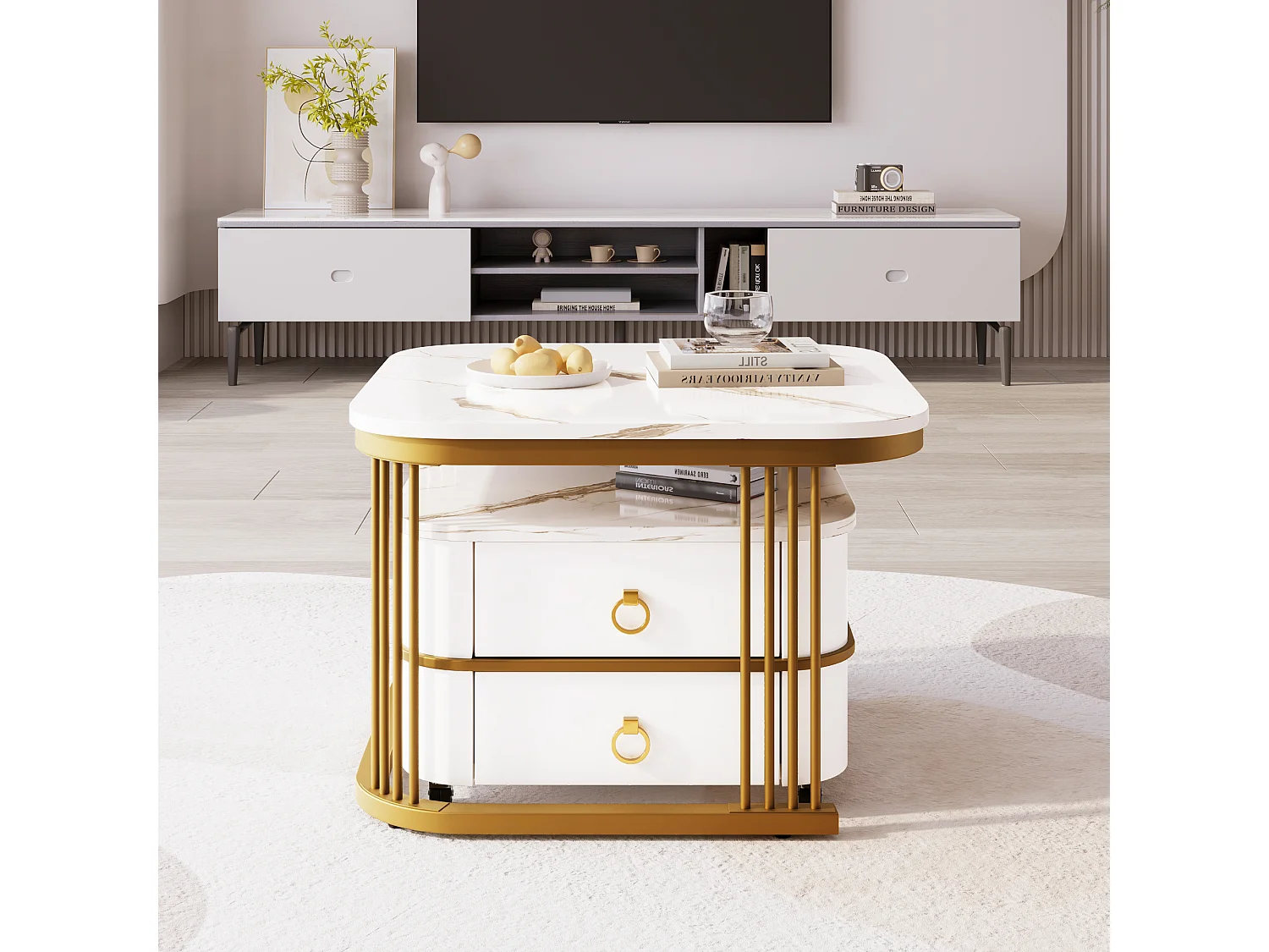 Lot de 2 tables basses gigognes avec 2 tiroirs, table basse carrée - plateaux en motif marbre - bois et métal - blanc brillant