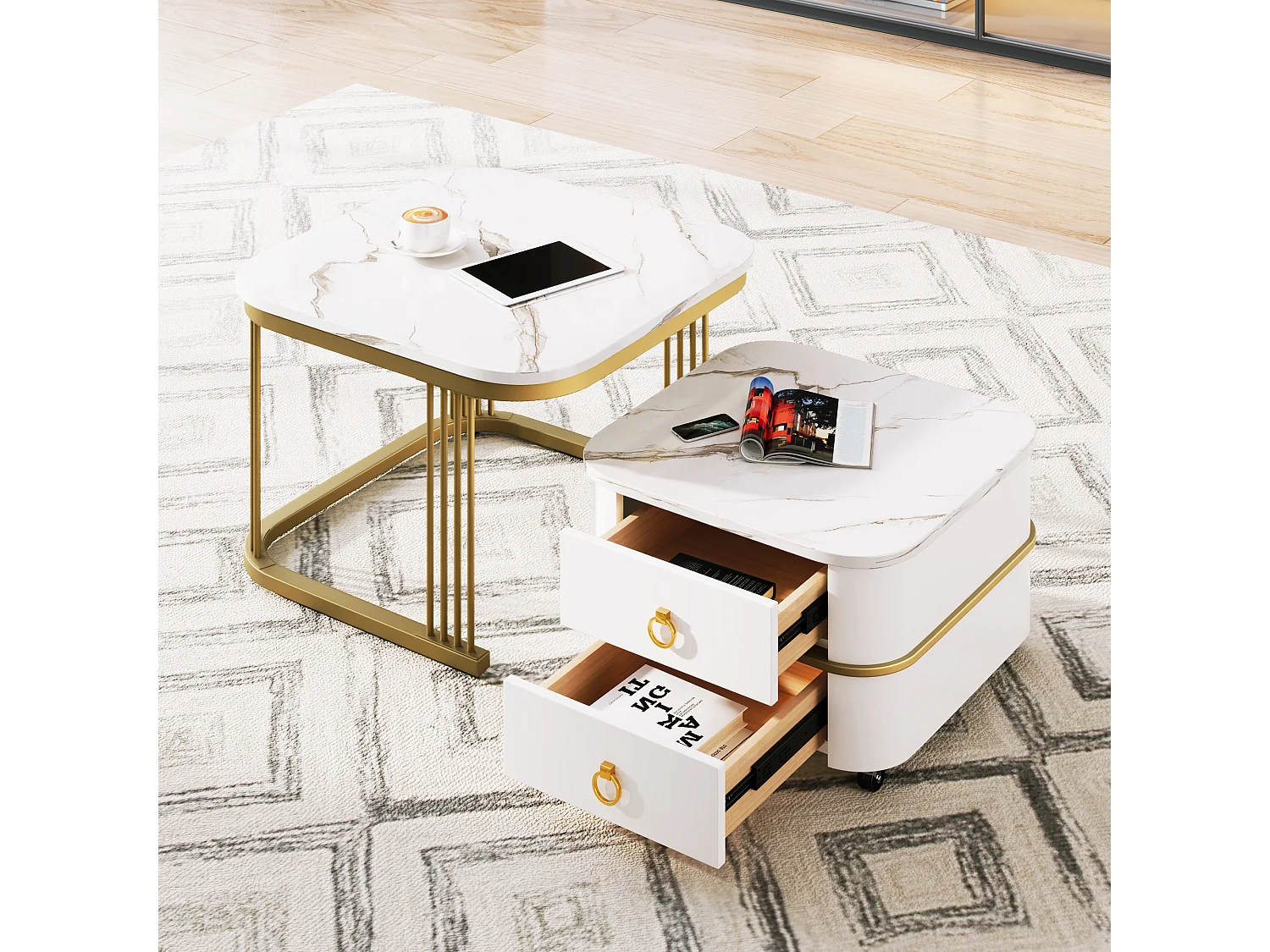 Lot de 2 tables basses gigognes avec 2 tiroirs, table basse carrée - plateaux en motif marbre - bois et métal - blanc brillant