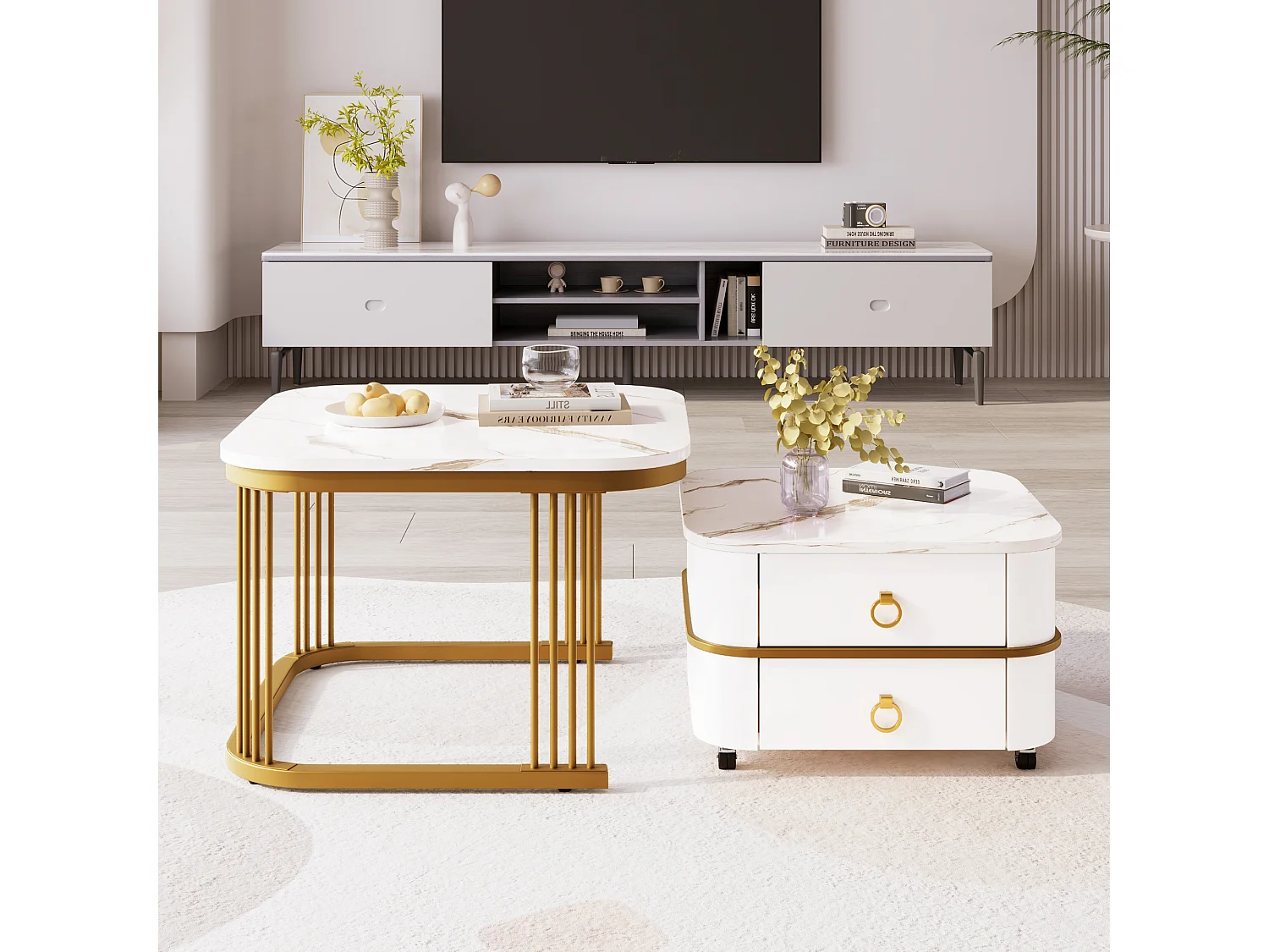 Lot de 2 tables basses gigognes avec 2 tiroirs, table basse carrée - plateaux en motif marbre - bois et métal - blanc brillant