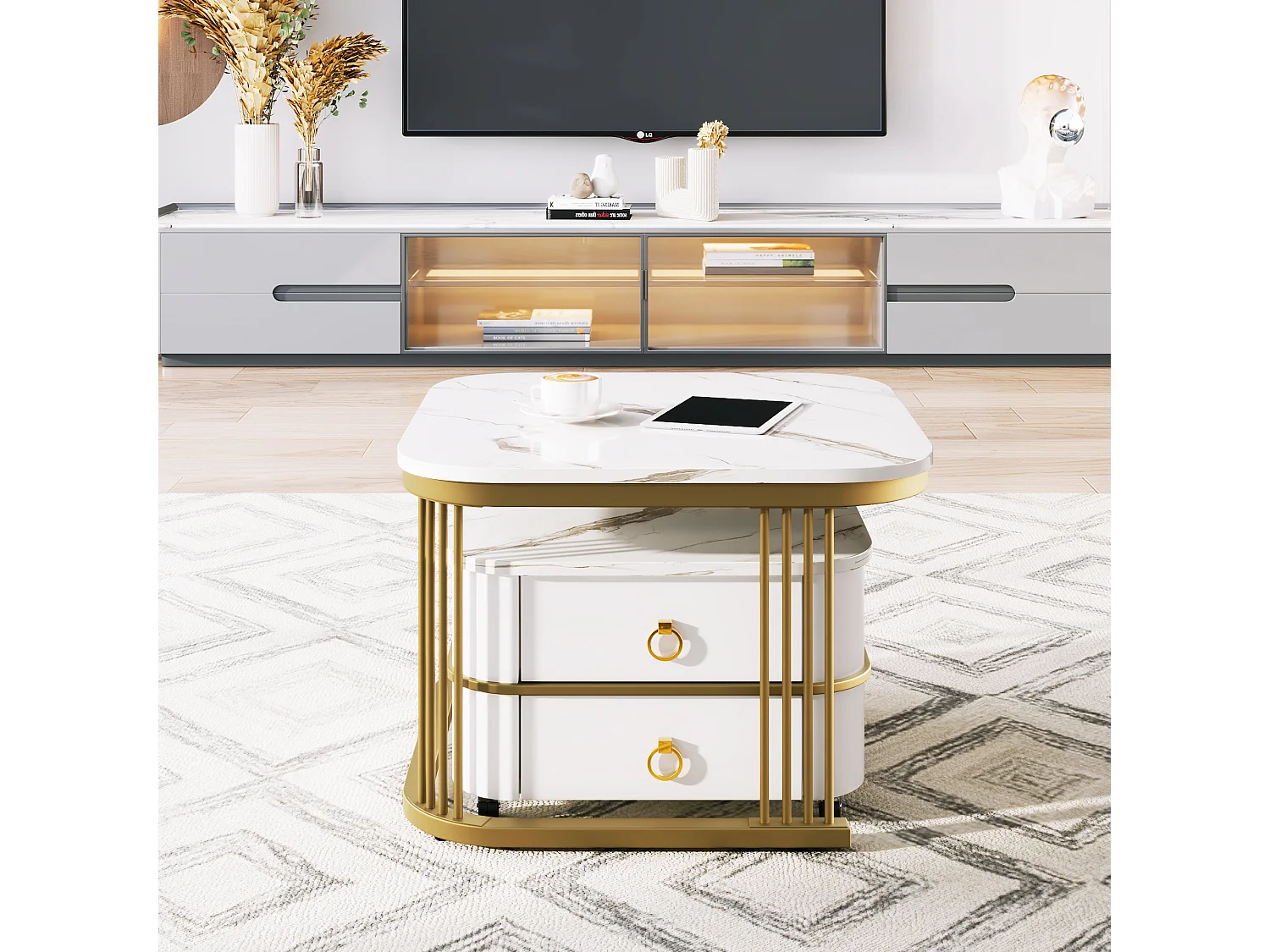 Lot de 2 tables basses gigognes avec 2 tiroirs, table basse carrée - plateaux en motif marbre - bois et métal - blanc brillant