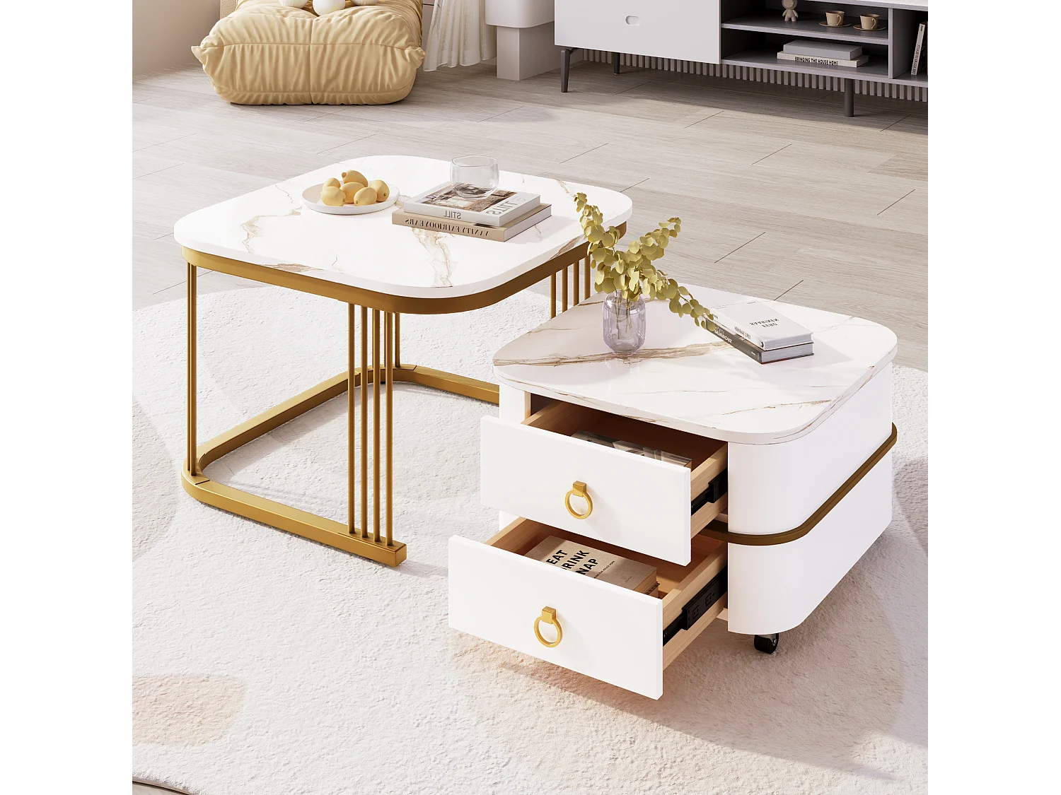 Lot de 2 tables basses gigognes avec 2 tiroirs, table basse carrée - plateaux en motif marbre - bois et métal - blanc brillant