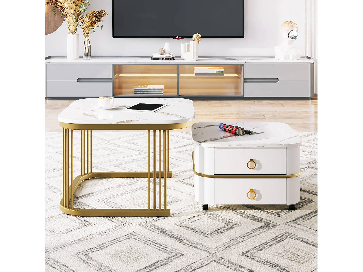 Lot de 2 tables basses gigognes avec 2 tiroirs, table basse carrée - plateaux en motif marbre - bois et métal - blanc brillant