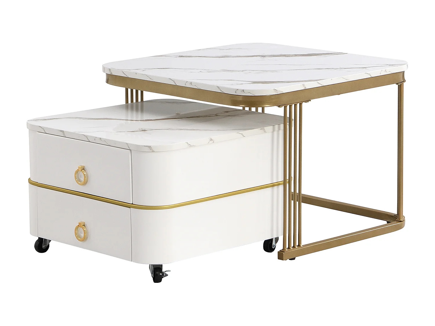 Lot de 2 tables basses gigognes avec 2 tiroirs, table basse carrée - plateaux en motif marbre - bois et métal - blanc brillant