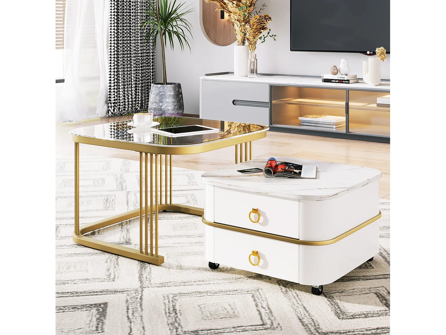 Lot de 2 tables basses gigognes avec 2 tiroirs, table basse carrée - plateau en verre et aspect marbre - bois et métal - blanc brillant