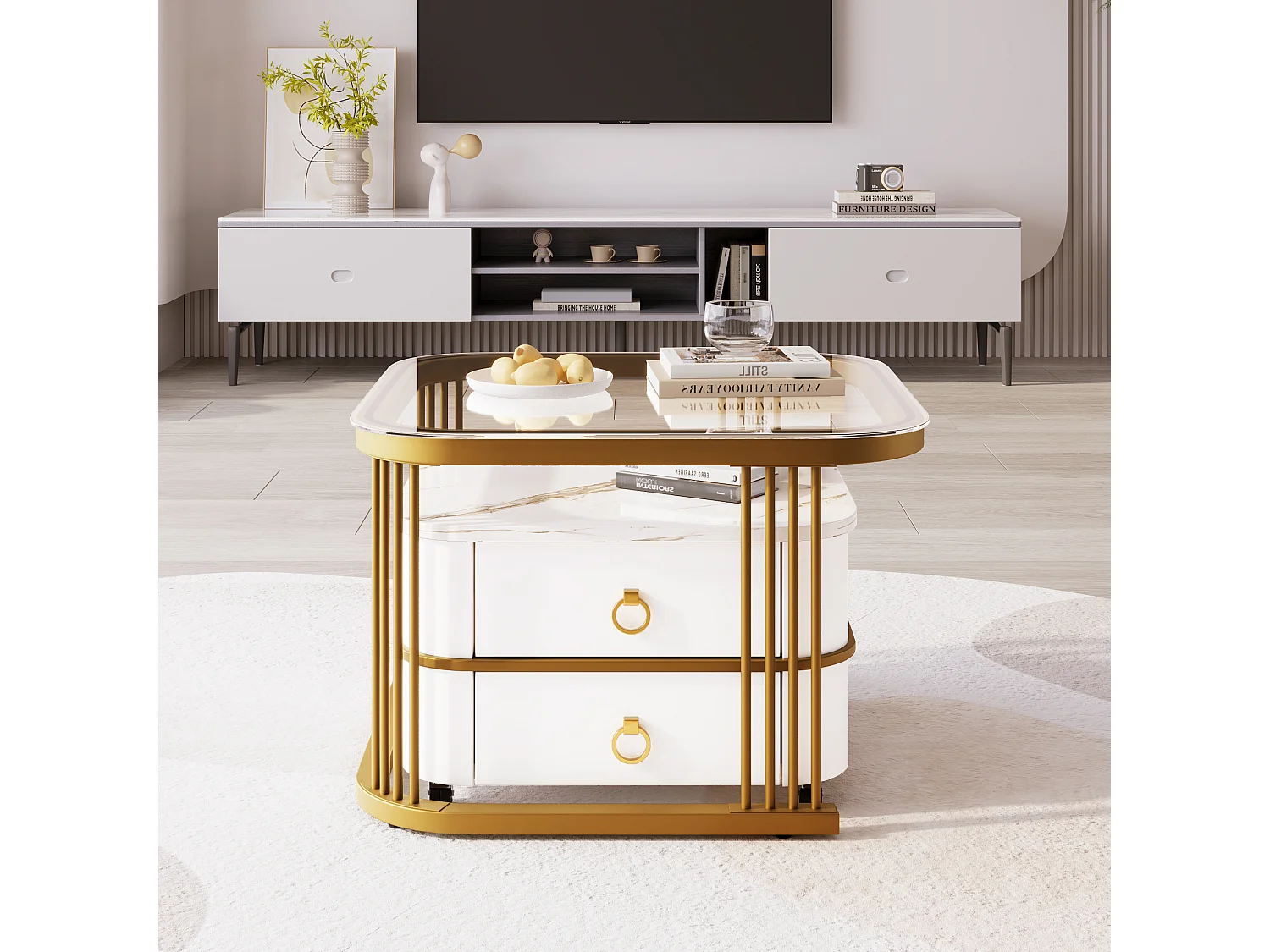 Lot de 2 tables basses gigognes avec 2 tiroirs, table basse carrée - plateau en verre et aspect marbre - bois et métal - blanc brillant