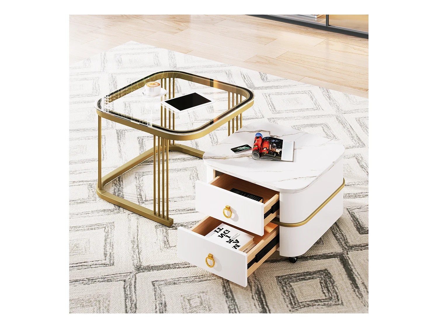 Lot de 2 tables basses gigognes avec 2 tiroirs, table basse carrée - plateau en verre et aspect marbre - bois et métal - blanc brillant