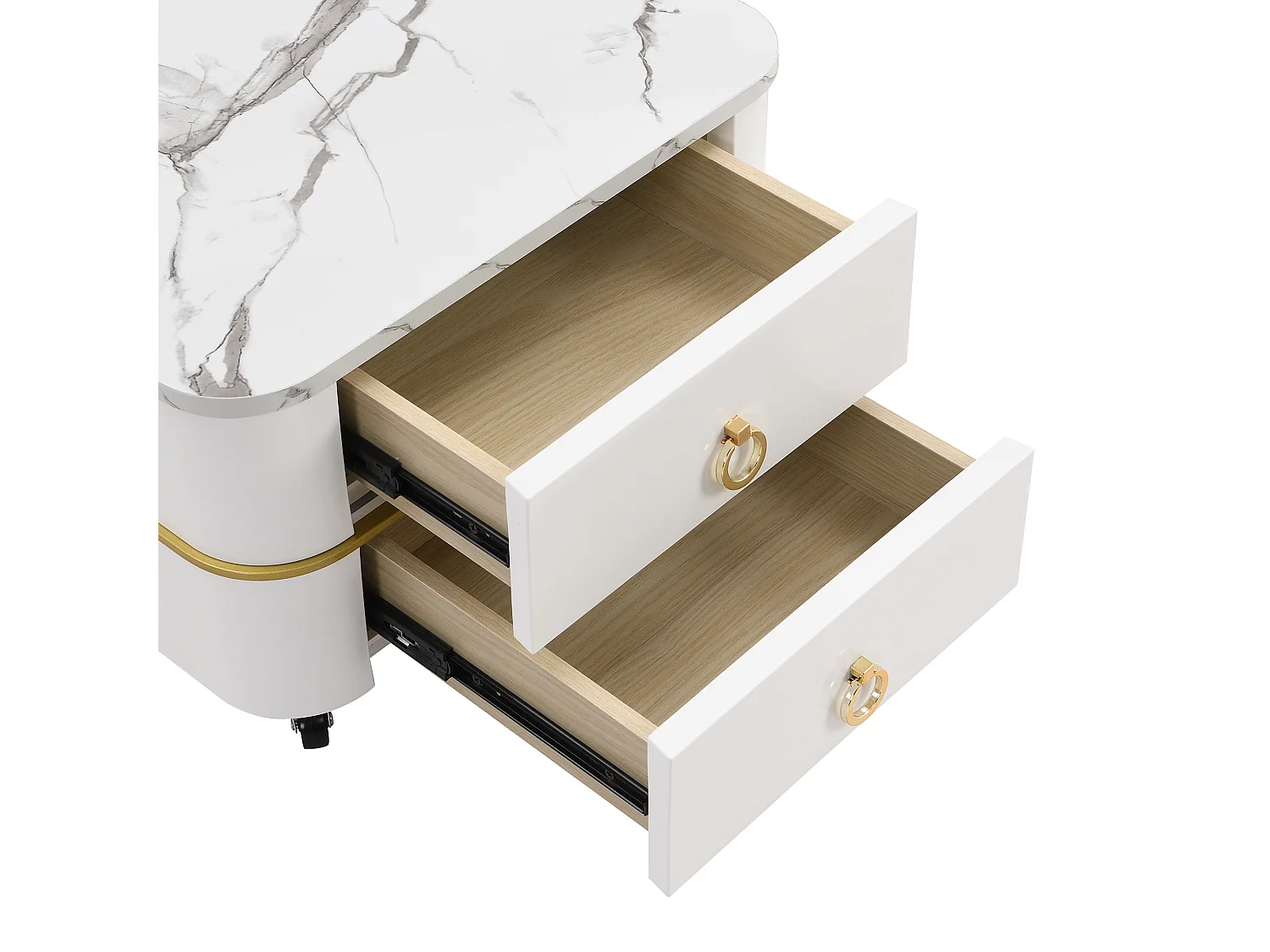 Lot de 2 tables basses gigognes avec 2 tiroirs, table basse carrée - plateau en verre et aspect marbre - bois et métal - blanc brillant