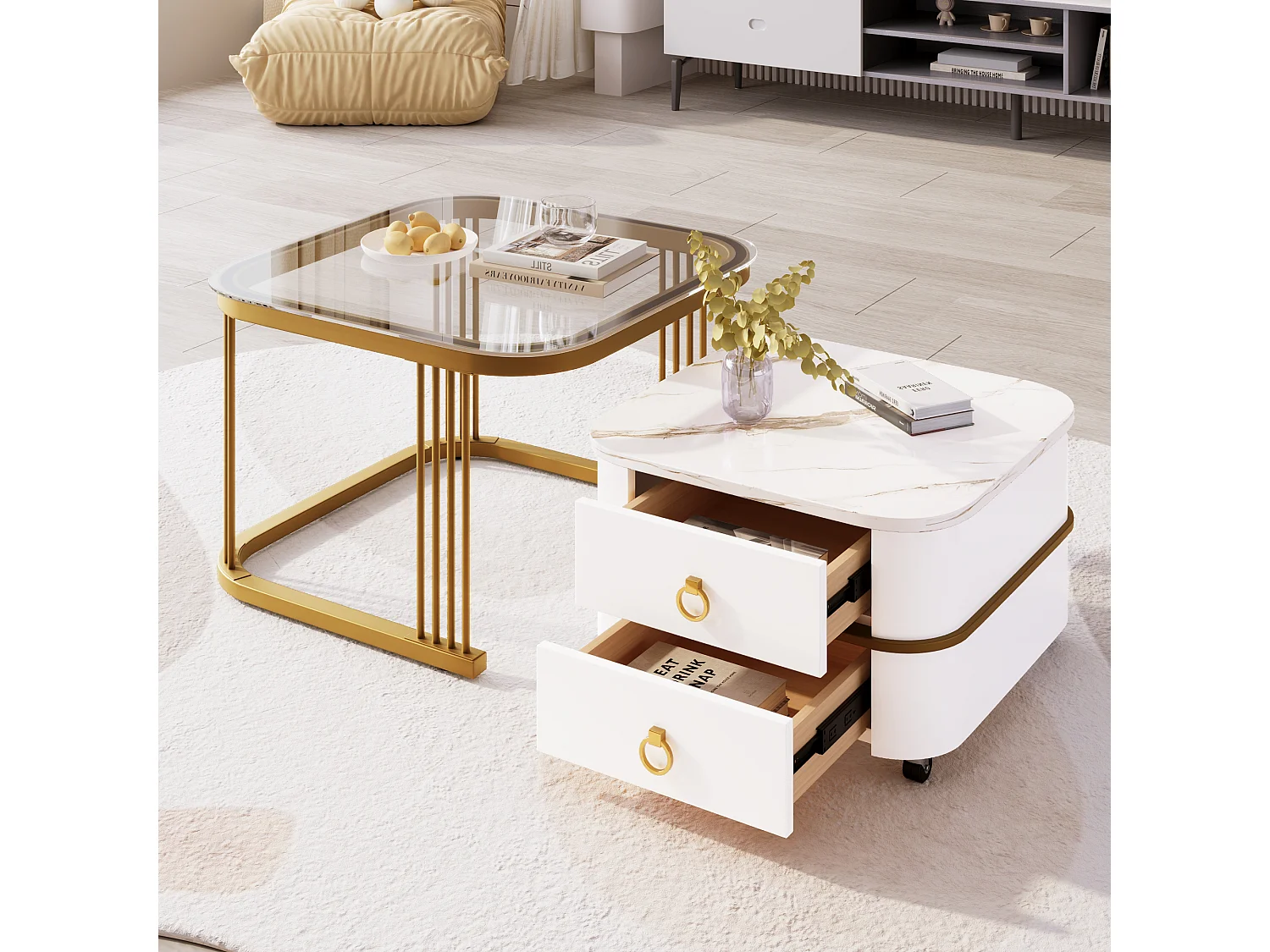 Lot de 2 tables basses gigognes avec 2 tiroirs, table basse carrée - plateau en verre et aspect marbre - bois et métal - blanc brillant