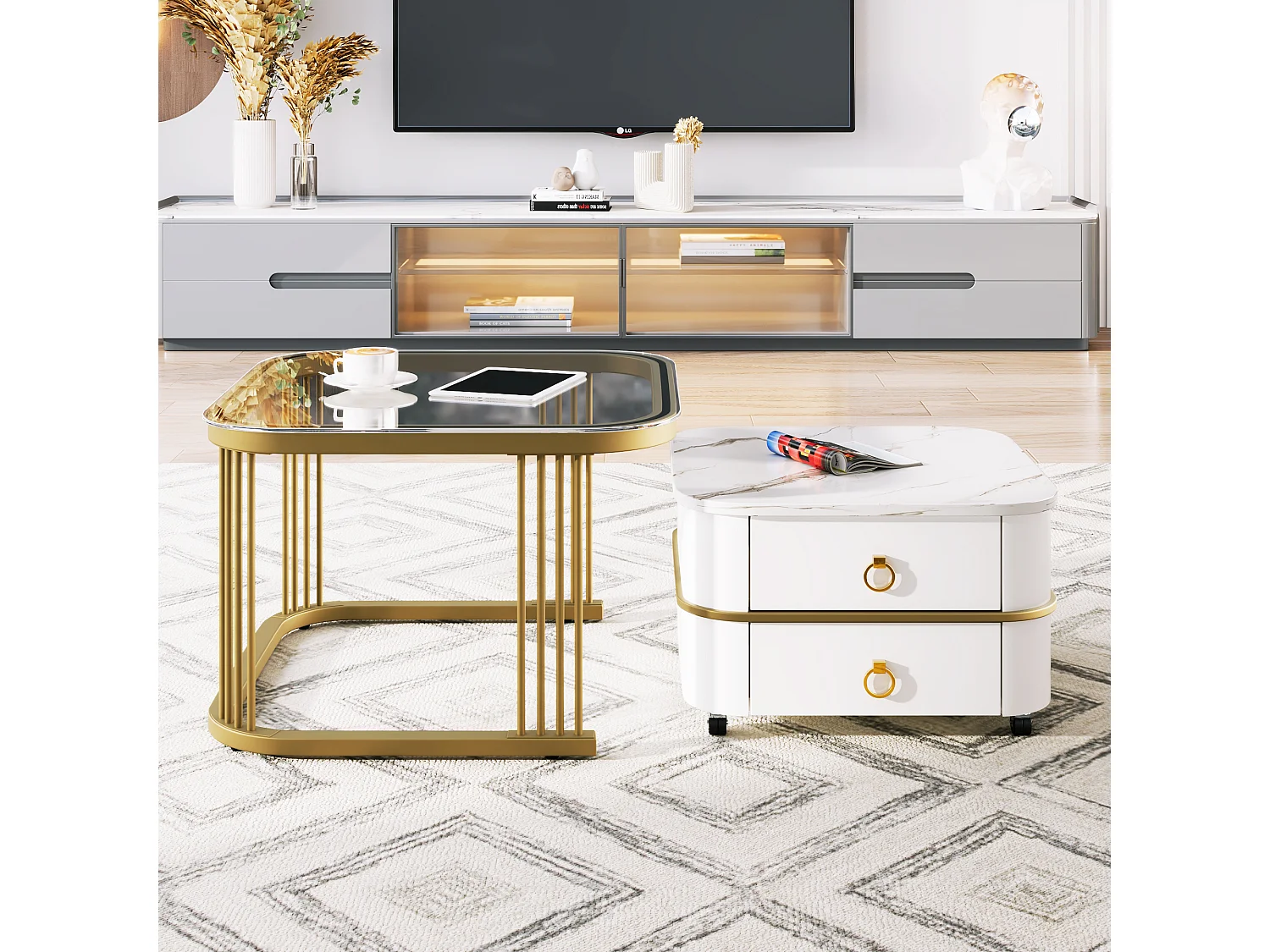 Lot de 2 tables basses gigognes avec 2 tiroirs, table basse carrée - plateau en verre et aspect marbre - bois et métal - blanc brillant