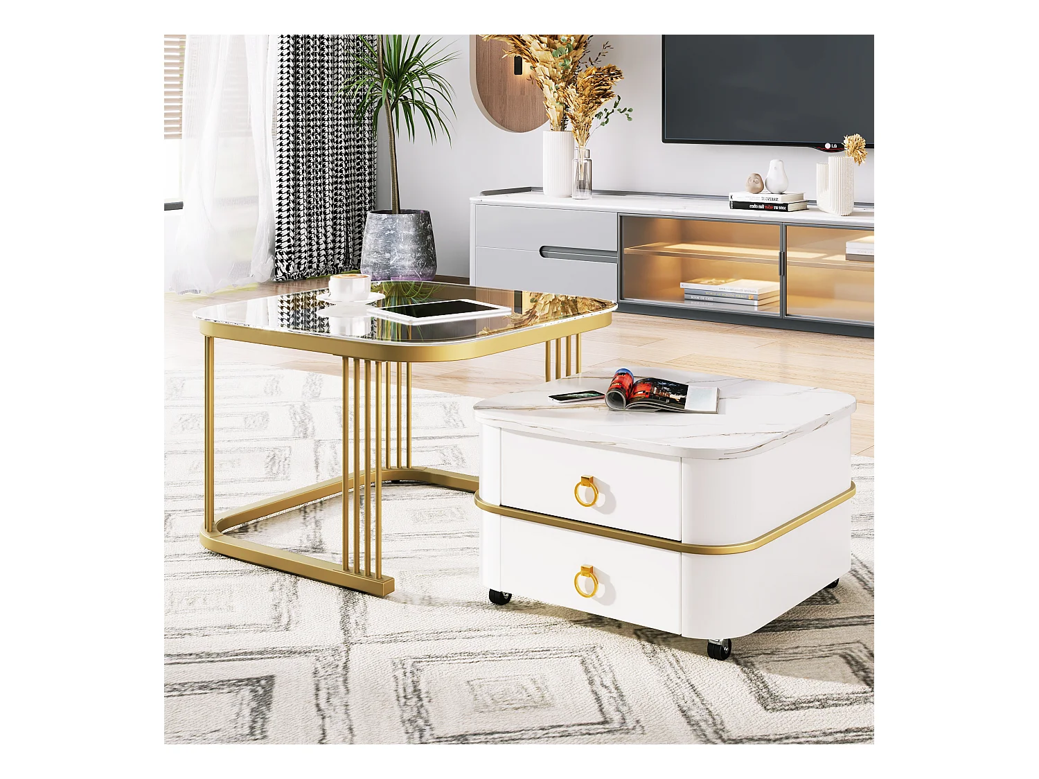 Juego de 2 mesas de centro nido con 2 cajones y mesa de centro cuadrada - tapa de cristal y aspecto de mármol - madera y metal - blanco brillante