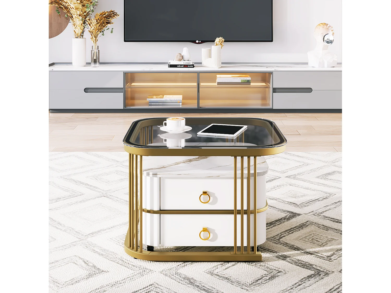 Juego de 2 mesas de centro nido con 2 cajones y mesa de centro cuadrada - tapa de cristal y aspecto de mármol - madera y metal - blanco brillante