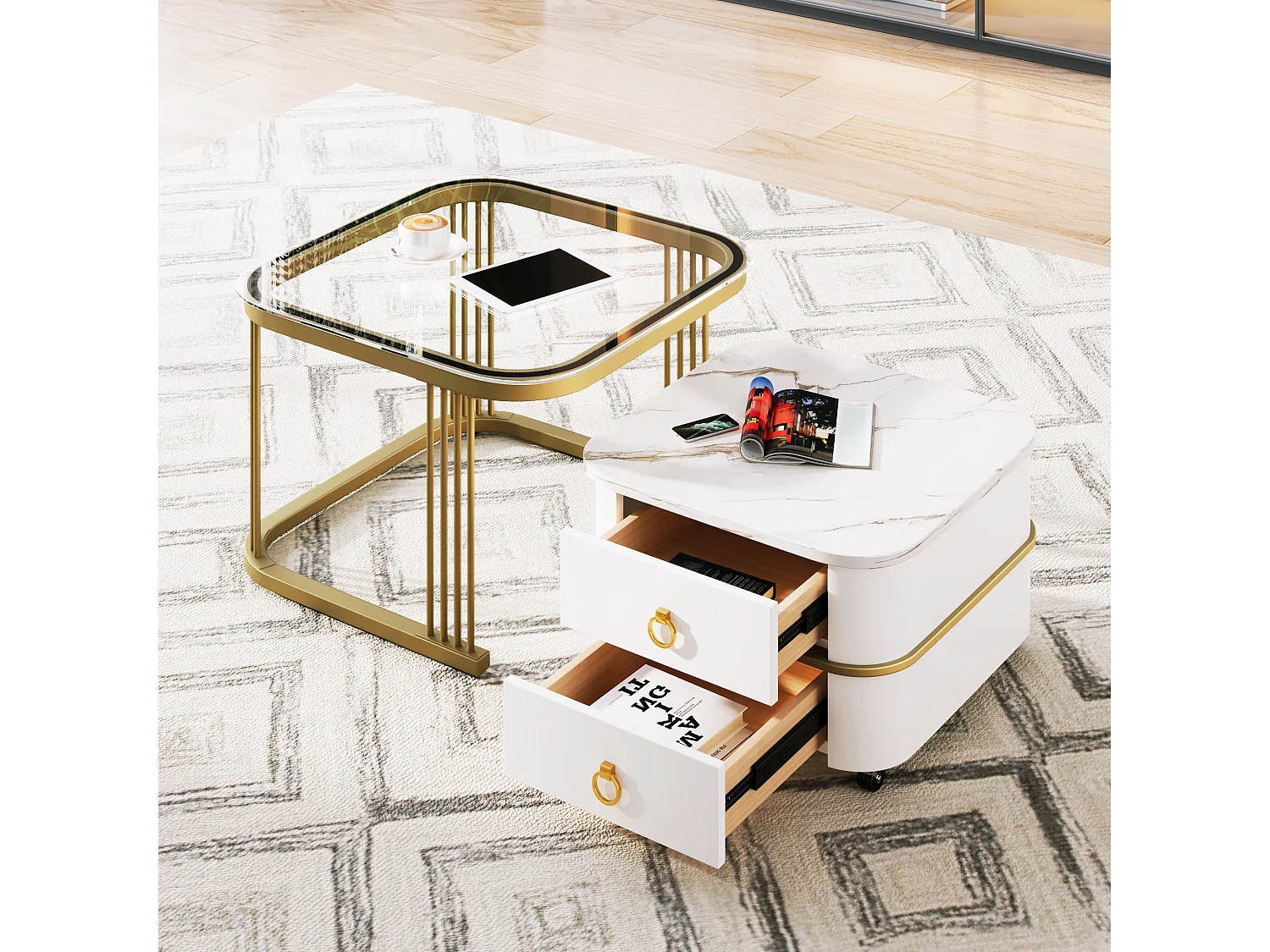 Juego de 2 mesas de centro nido con 2 cajones y mesa de centro cuadrada - tapa de cristal y aspecto de mármol - madera y metal - blanco brillante