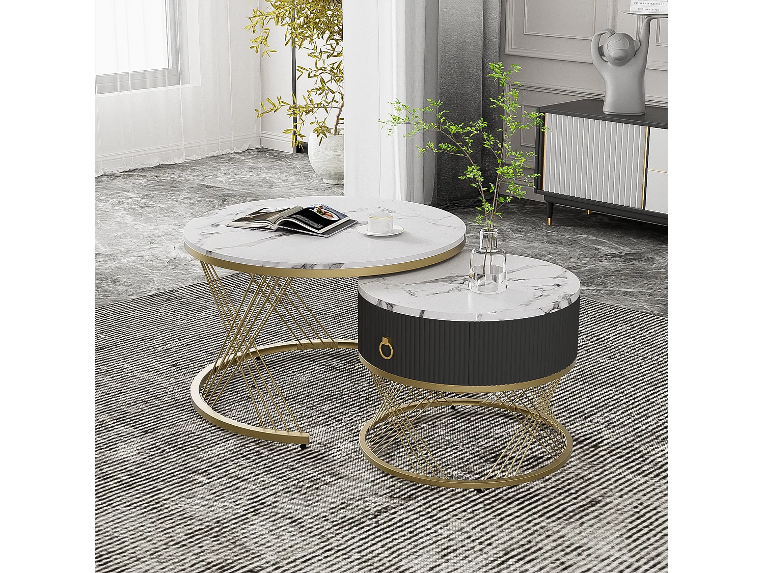 Lot de 2 tables basses gigognes avec un tiroirs - Pièds en métal doré - Plateaux en motif marbre - Blanc + noir