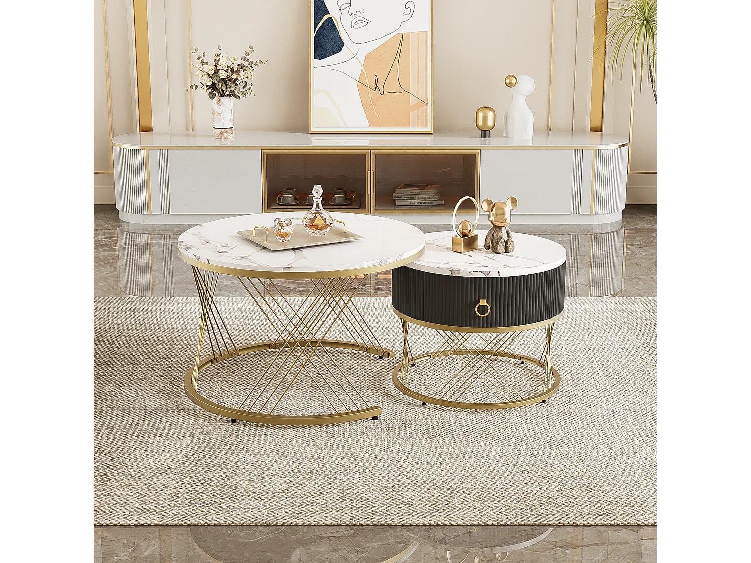 Lot de 2 tables basses gigognes avec un tiroirs - Pièds en métal doré - Plateaux en motif marbre - Blanc + noir