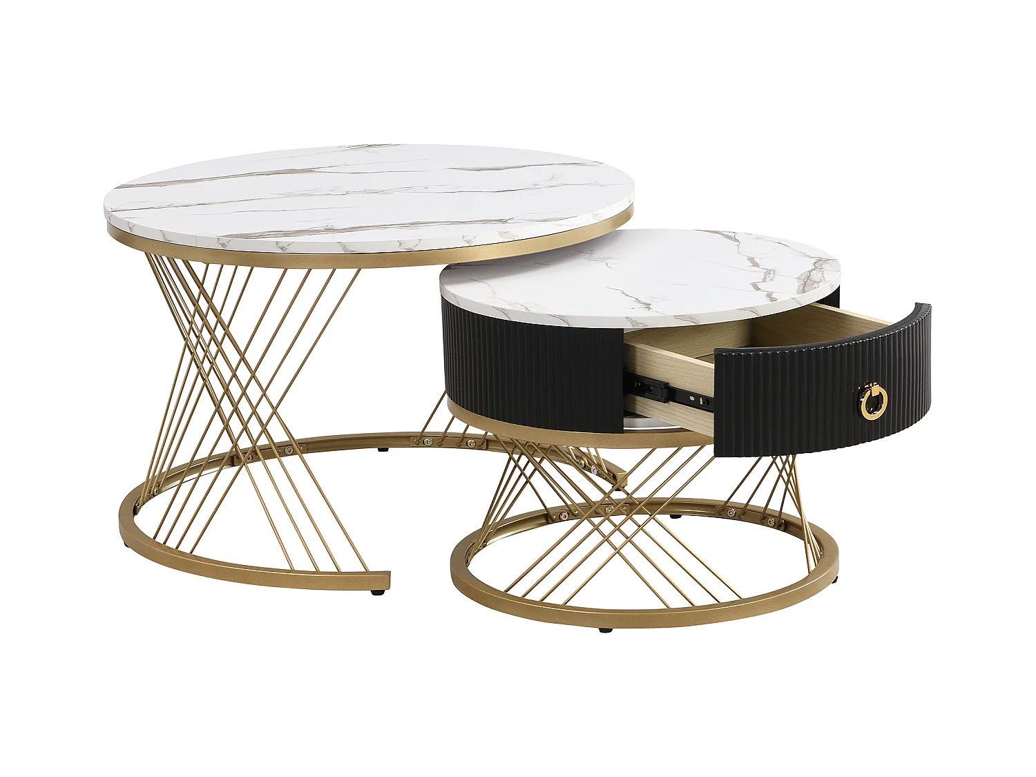Lot de 2 tables basses gigognes avec un tiroirs - Pièds en métal doré - Plateaux en motif marbre - Blanc + noir