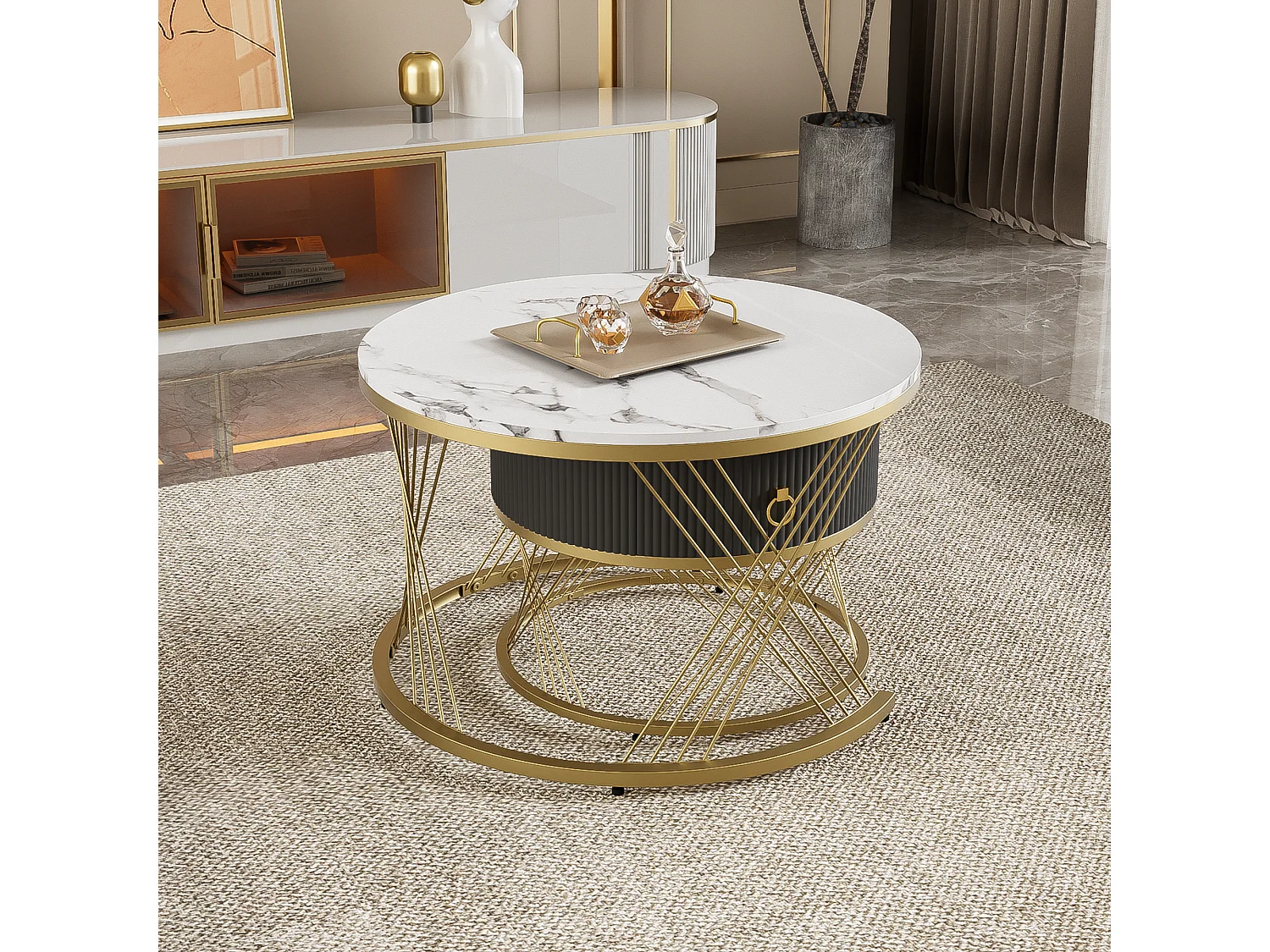 Set aus 2 ineinander steckbaren Couchtischen mit einer Schublade – Beine aus goldfarbenem Metall – Tischplatten mit Marmormuster – Weiß + Schwarz