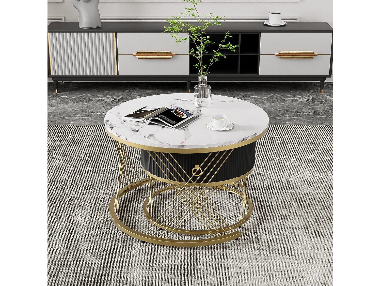 Set aus 2 ineinander steckbaren Couchtischen mit einer Schublade – Beine aus goldfarbenem Metall – Tischplatten mit Marmormuster – Weiß + Schwarz