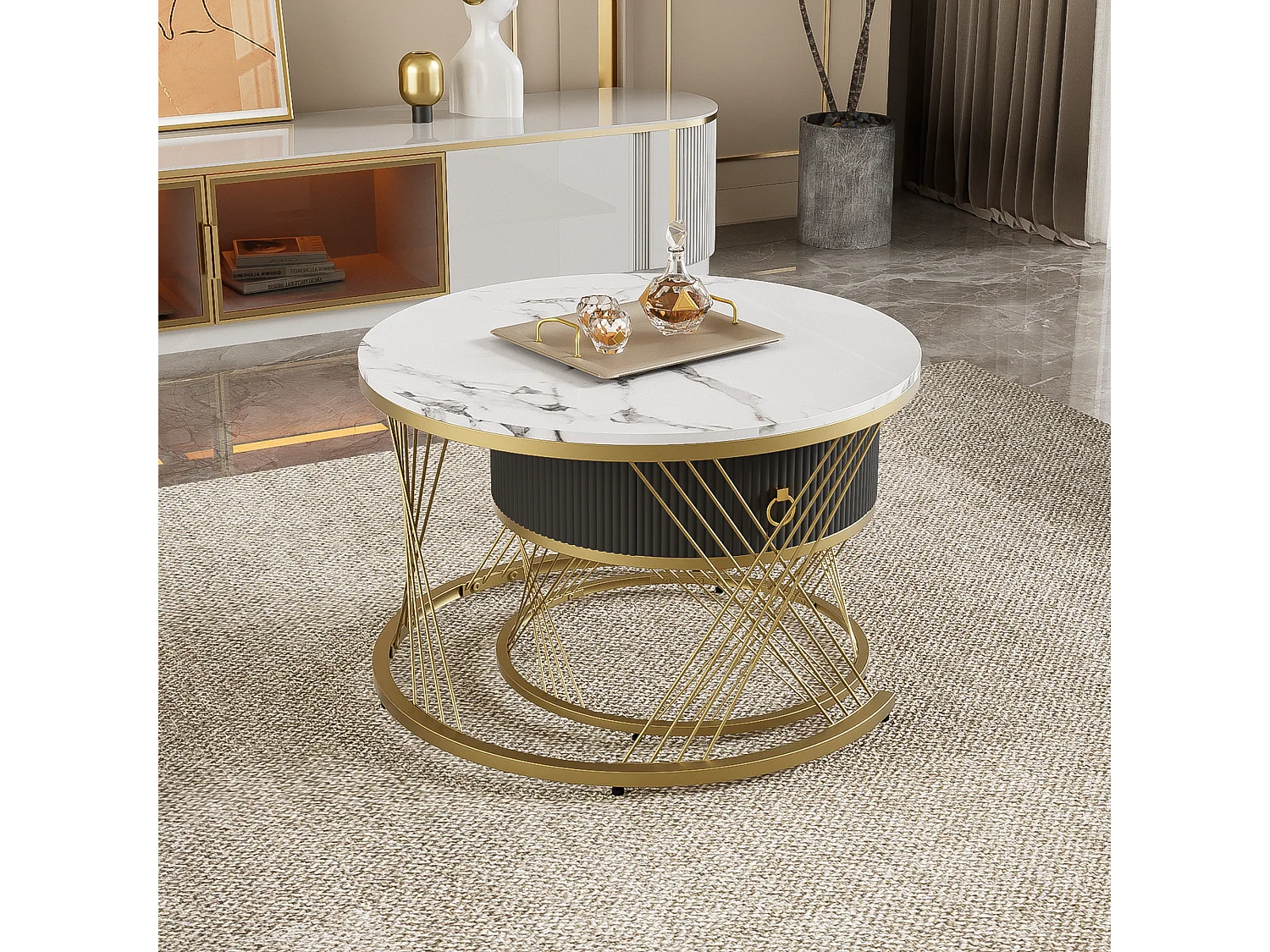 Lot de 2 tables basses gigognes avec un tiroirs - Pièds en métal doré - Plateaux en motif marbre - Blanc + noir