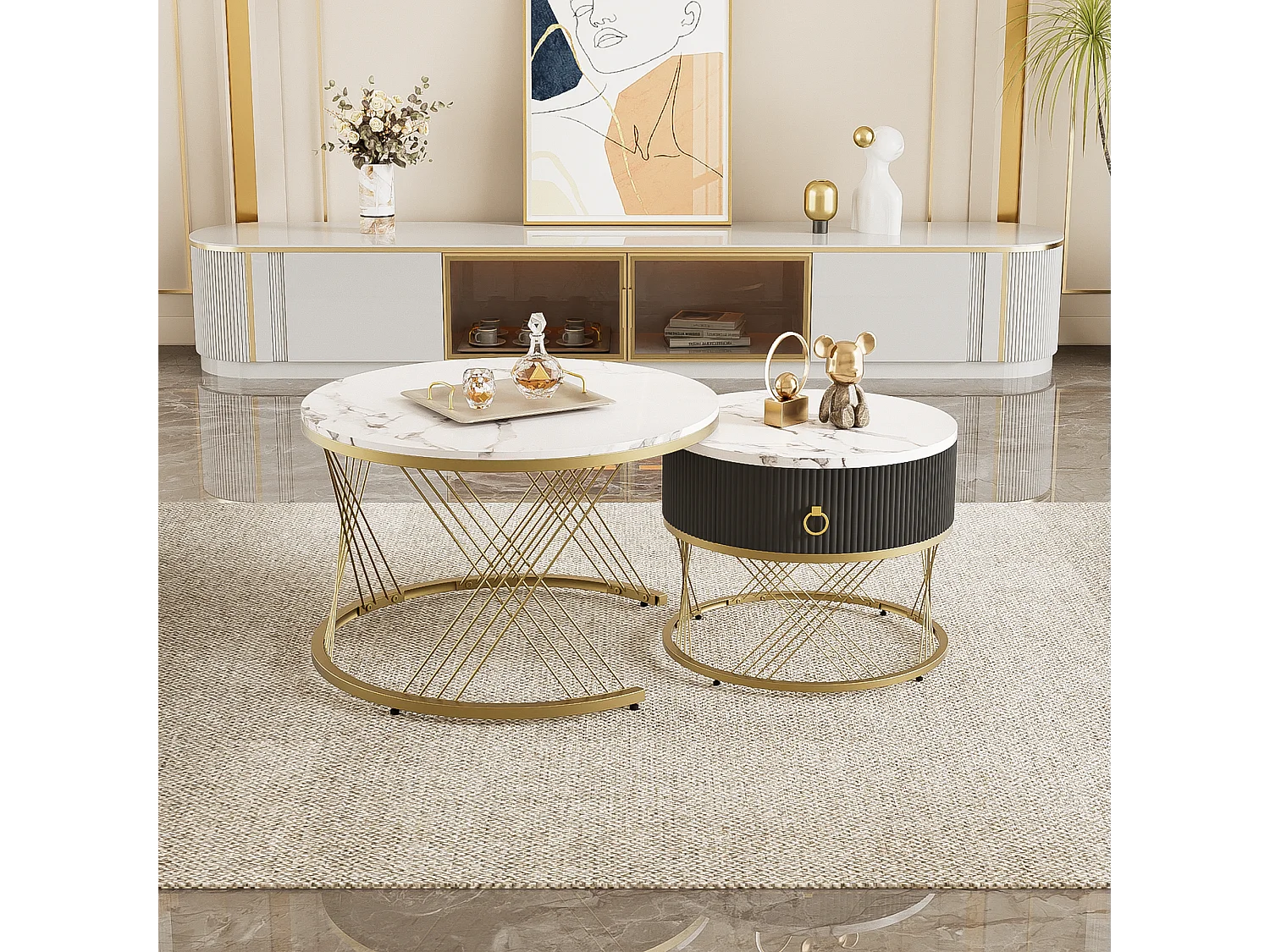 Lot de 2 tables basses gigognes avec un tiroirs - Pièds en métal doré - Plateaux en motif marbre - Blanc + noir