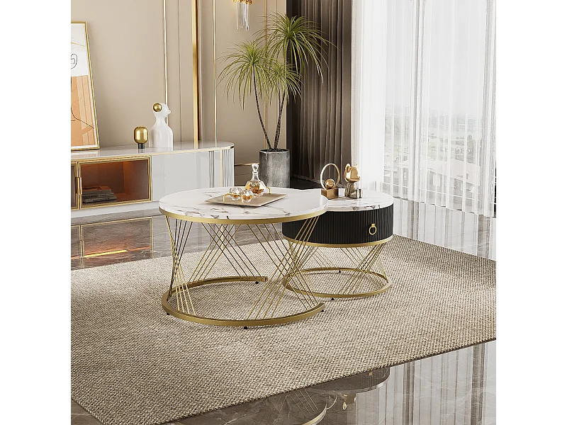 Set di 2 tavolini impilabili con un cassetto - Gambe in metallo dorato - Piani con motivo in marmo - Bianco + nero