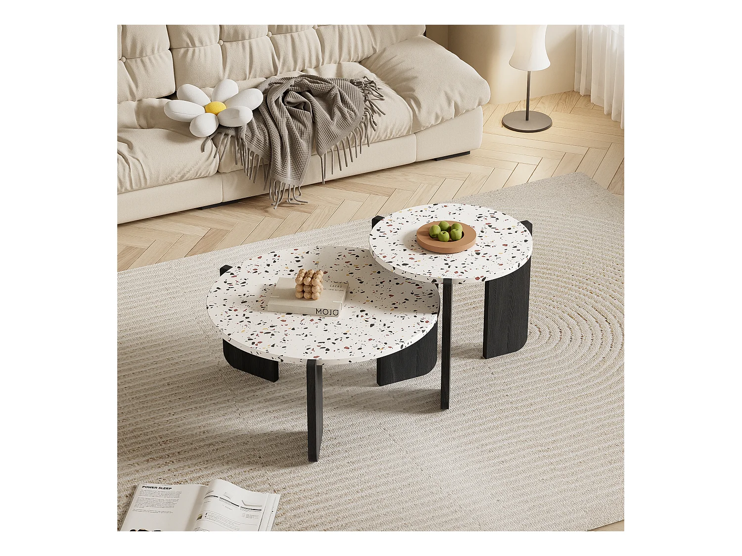 Set van 2 in elkaar geschoven salontafels - Verweven kleurenpatroon - MDF hout - Wit + zwart