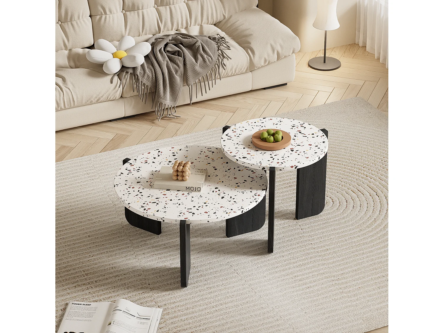 Set van 2 in elkaar geschoven salontafels - Verweven kleurenpatroon - MDF hout - Wit + zwart