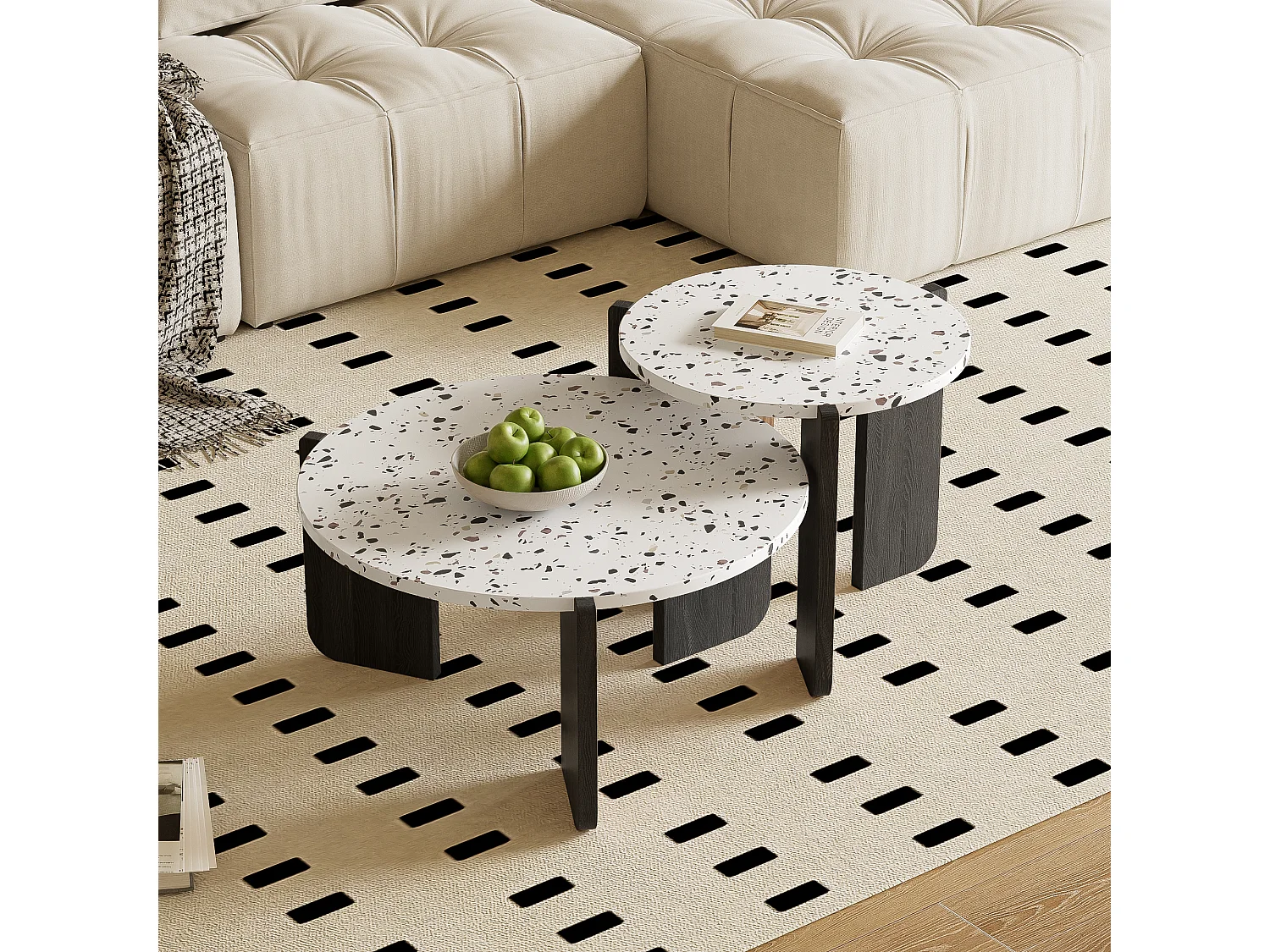 Set van 2 in elkaar geschoven salontafels - Verweven kleurenpatroon - MDF hout - Wit + zwart