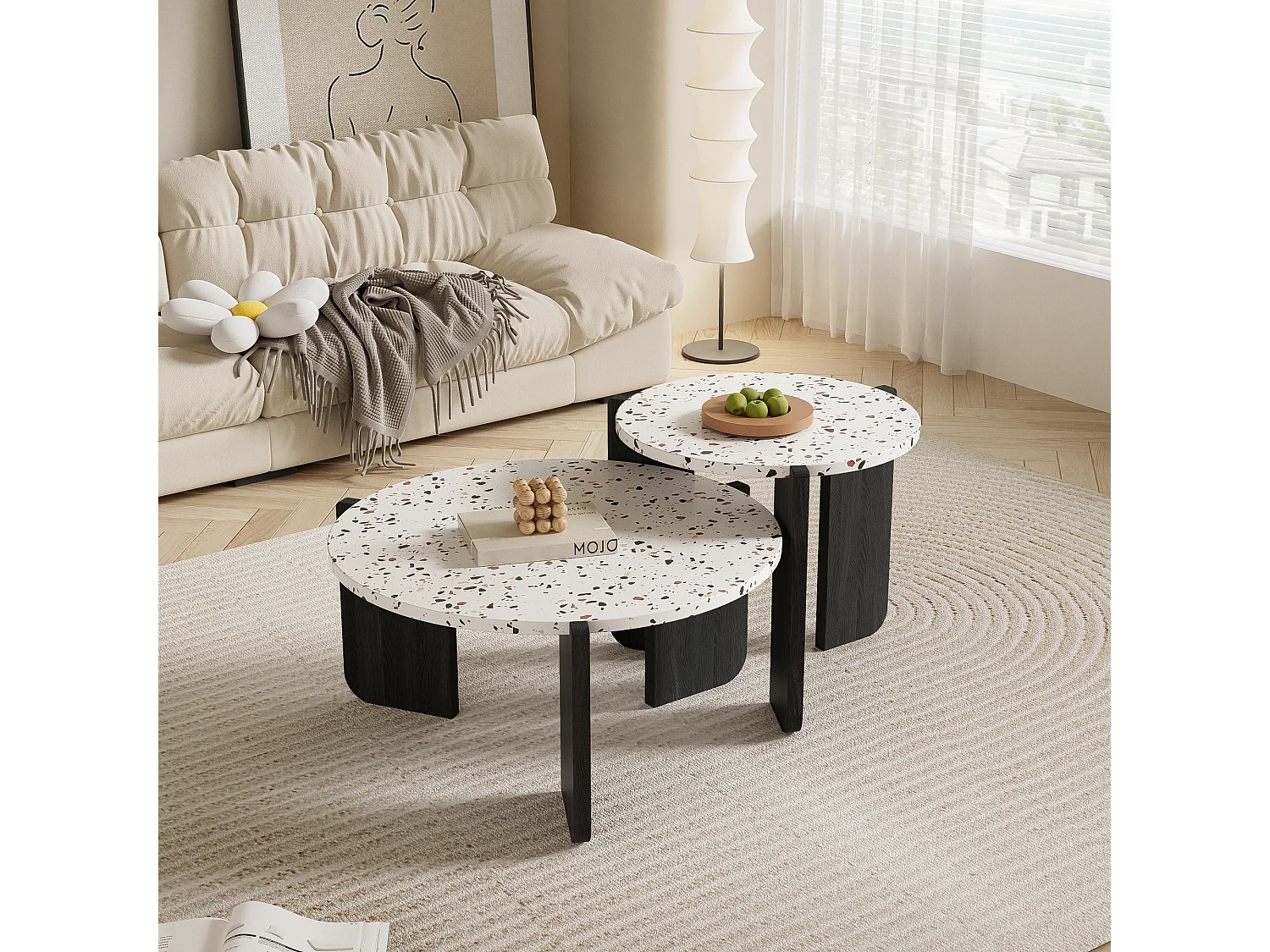 Set van 2 in elkaar geschoven salontafels - Verweven kleurenpatroon - MDF hout - Wit + zwart