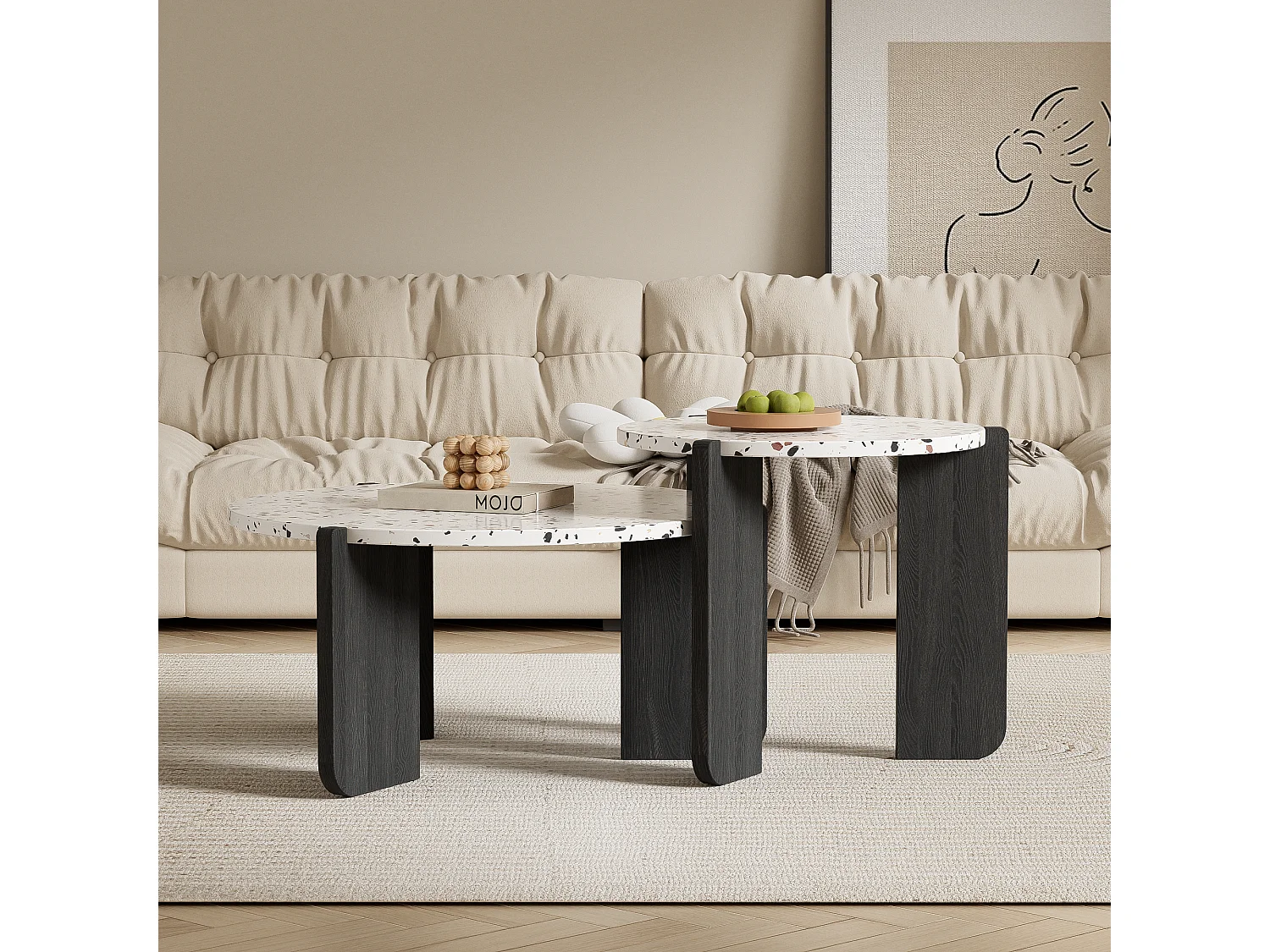 Set van 2 in elkaar geschoven salontafels - Verweven kleurenpatroon - MDF hout - Wit + zwart