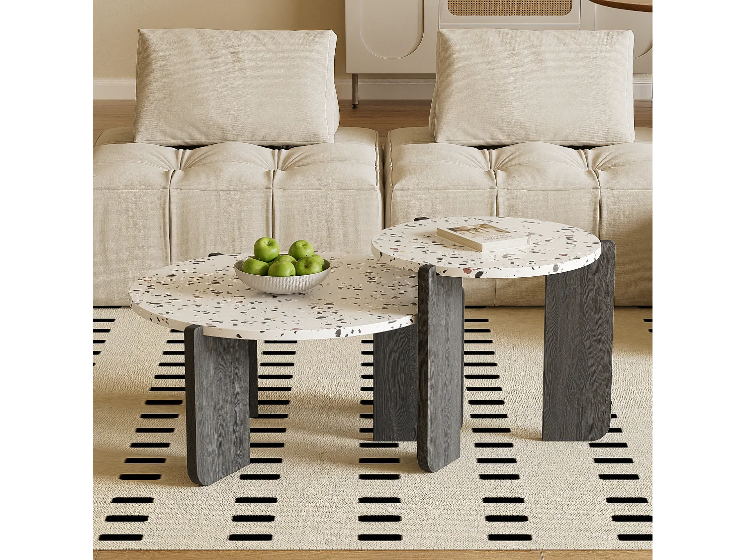 Set van 2 in elkaar geschoven salontafels - Verweven kleurenpatroon - MDF hout - Wit + zwart