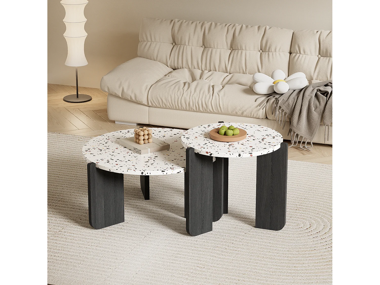 Set van 2 in elkaar geschoven salontafels - Verweven kleurenpatroon - MDF hout - Wit + zwart