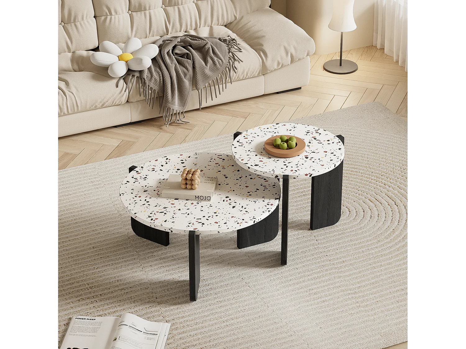 Set van 2 in elkaar geschoven salontafels - Verweven kleurenpatroon - MDF hout - Wit + zwart