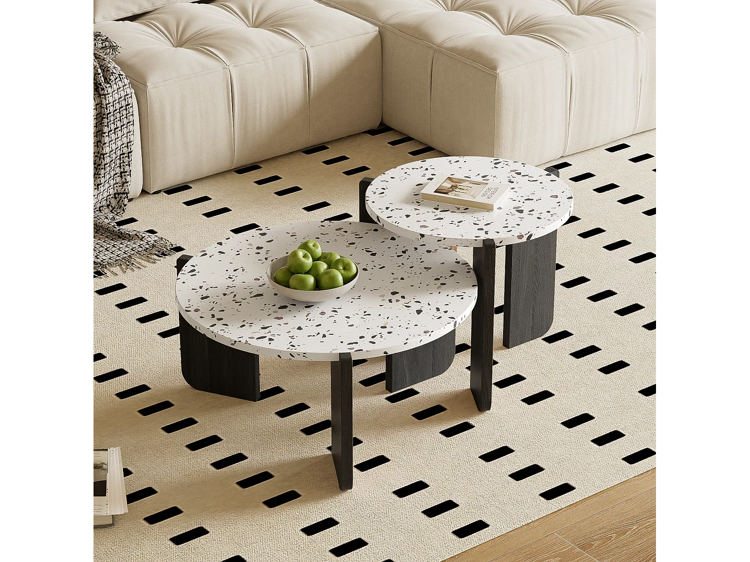 Set van 2 in elkaar geschoven salontafels - Verweven kleurenpatroon - MDF hout - Wit + zwart