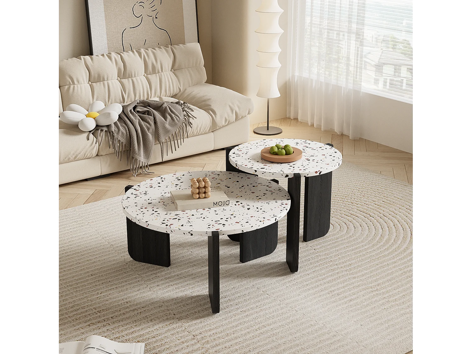 Set van 2 in elkaar geschoven salontafels - Verweven kleurenpatroon - MDF hout - Wit + zwart