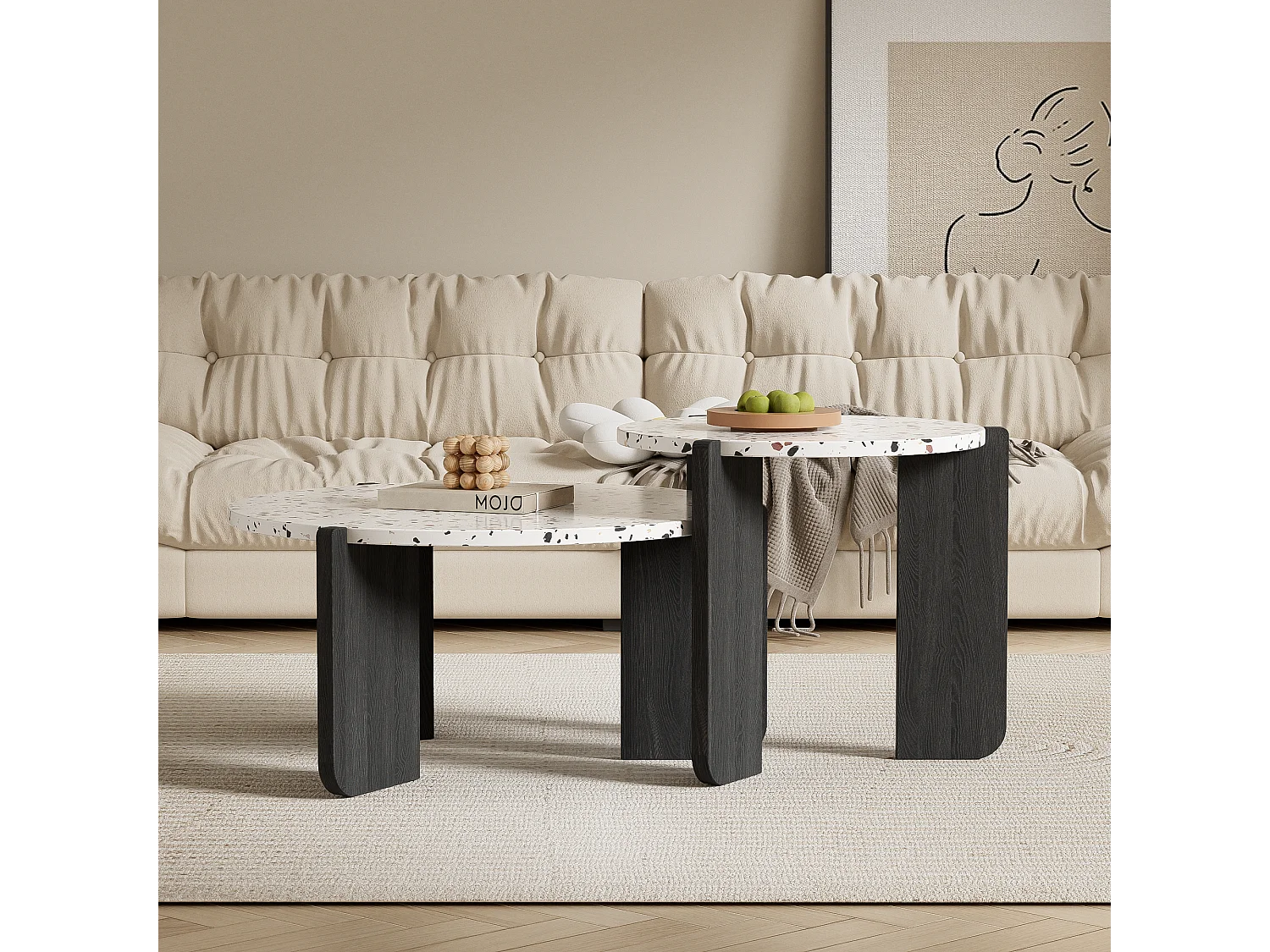 Set van 2 in elkaar geschoven salontafels - Verweven kleurenpatroon - MDF hout - Wit + zwart