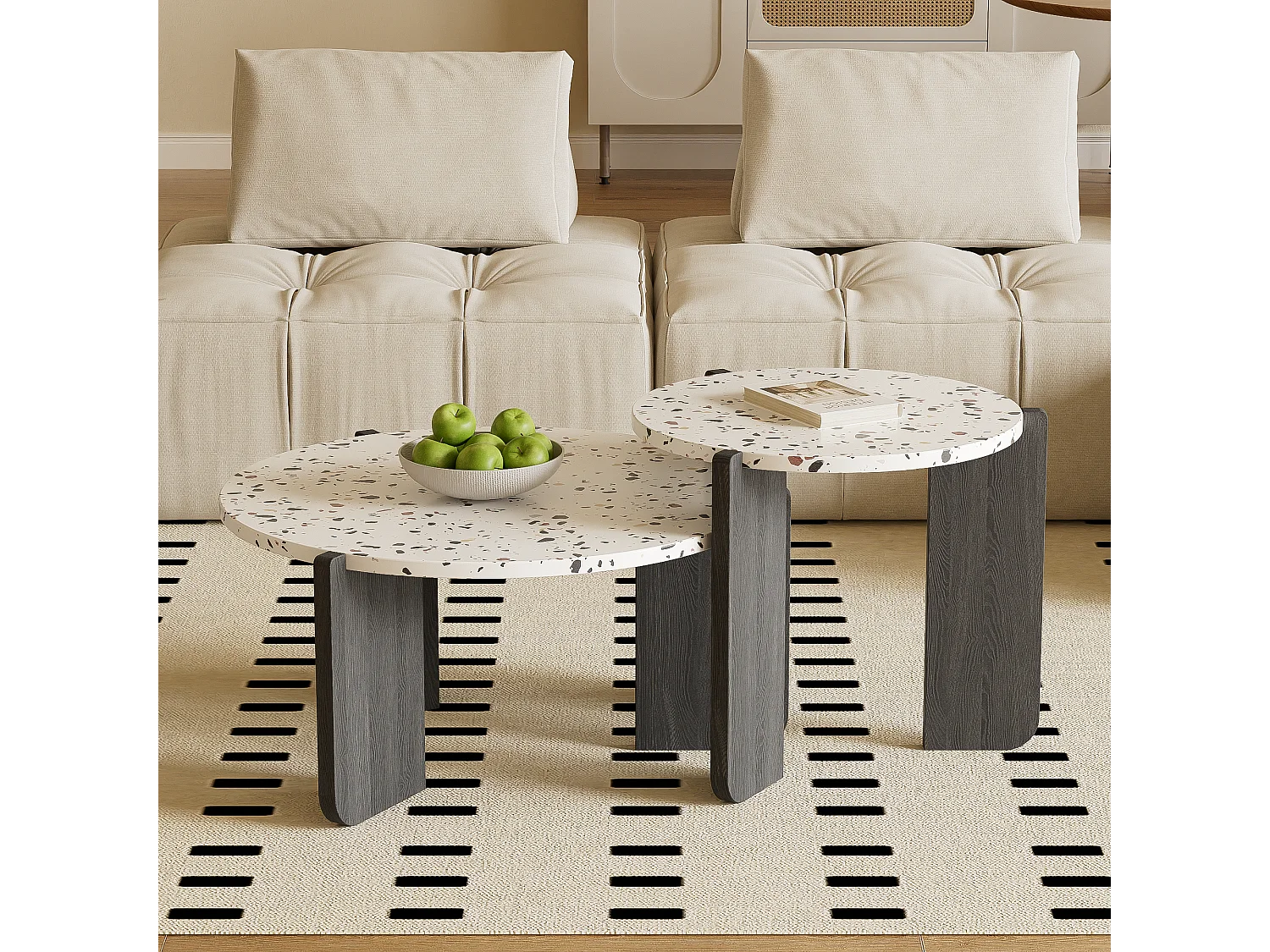 Set van 2 in elkaar geschoven salontafels - Verweven kleurenpatroon - MDF hout - Wit + zwart