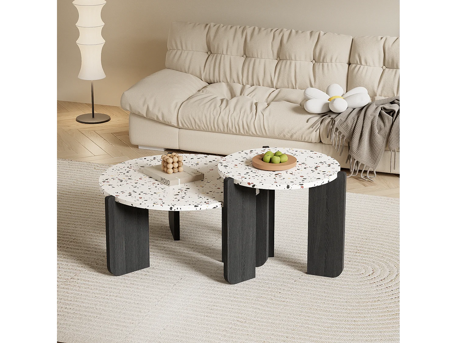 Set van 2 in elkaar geschoven salontafels - Verweven kleurenpatroon - MDF hout - Wit + zwart