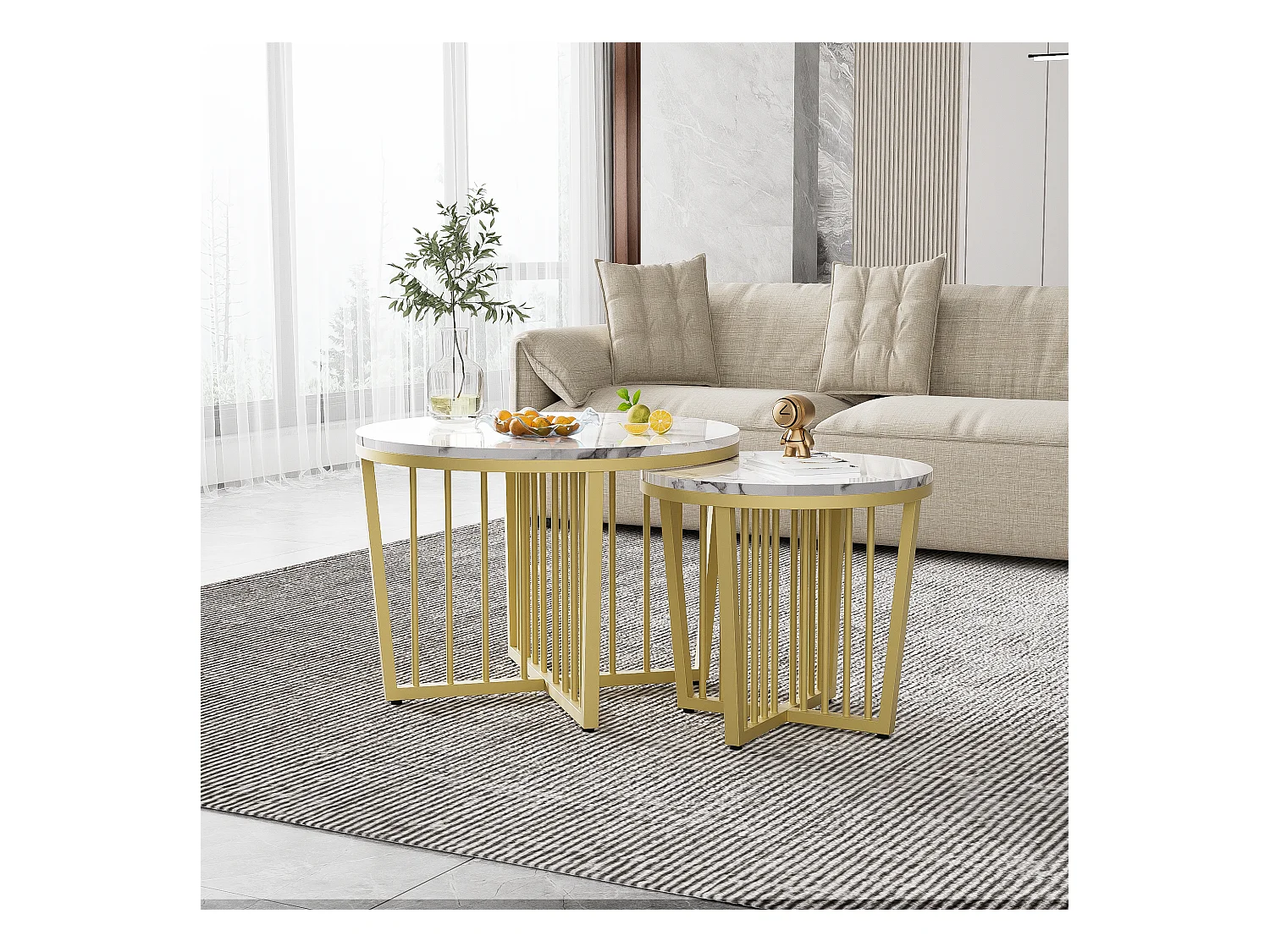 Lot de 2 tables basses gigognes avec fonction pivotante - Pièds en métal doré - Motif de Marbre - bois MDF - Blanc