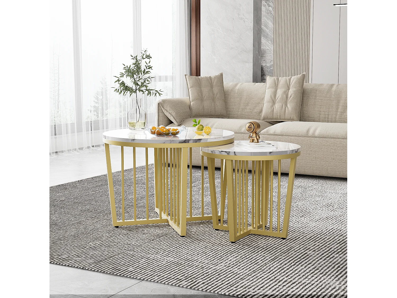 Lot de 2 tables basses gigognes avec fonction pivotante - Pièds en métal doré - Motif de Marbre - bois MDF - Blanc