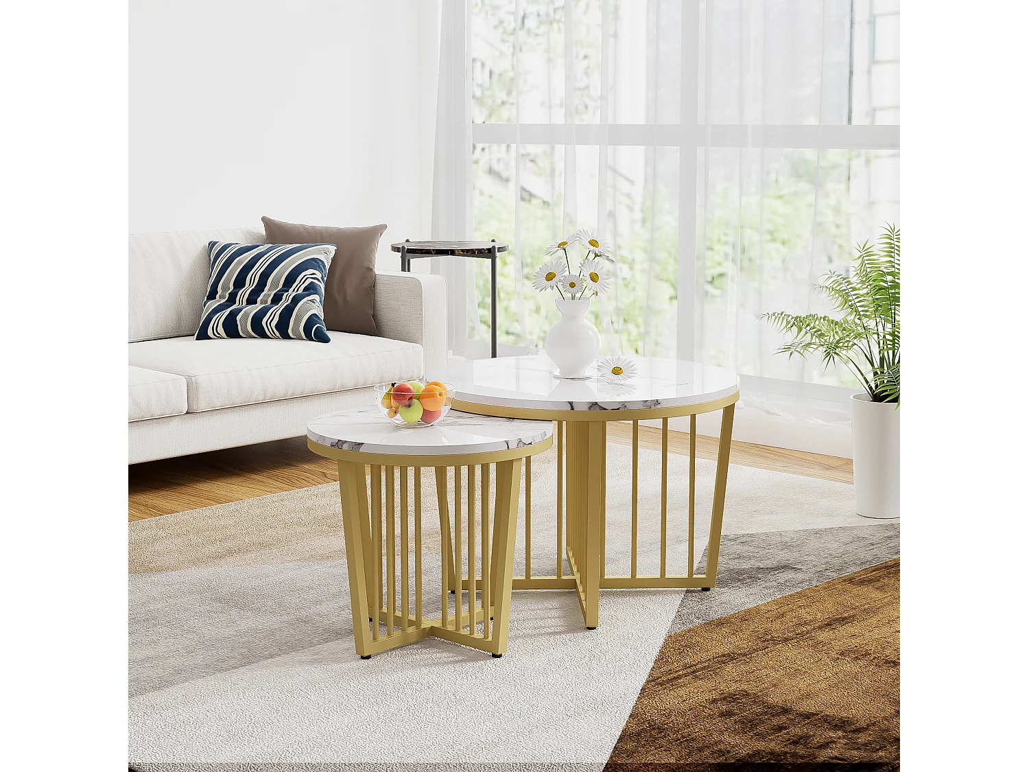 Lot de 2 tables basses gigognes avec fonction pivotante - Pièds en métal doré - Motif de Marbre - bois MDF - Blanc